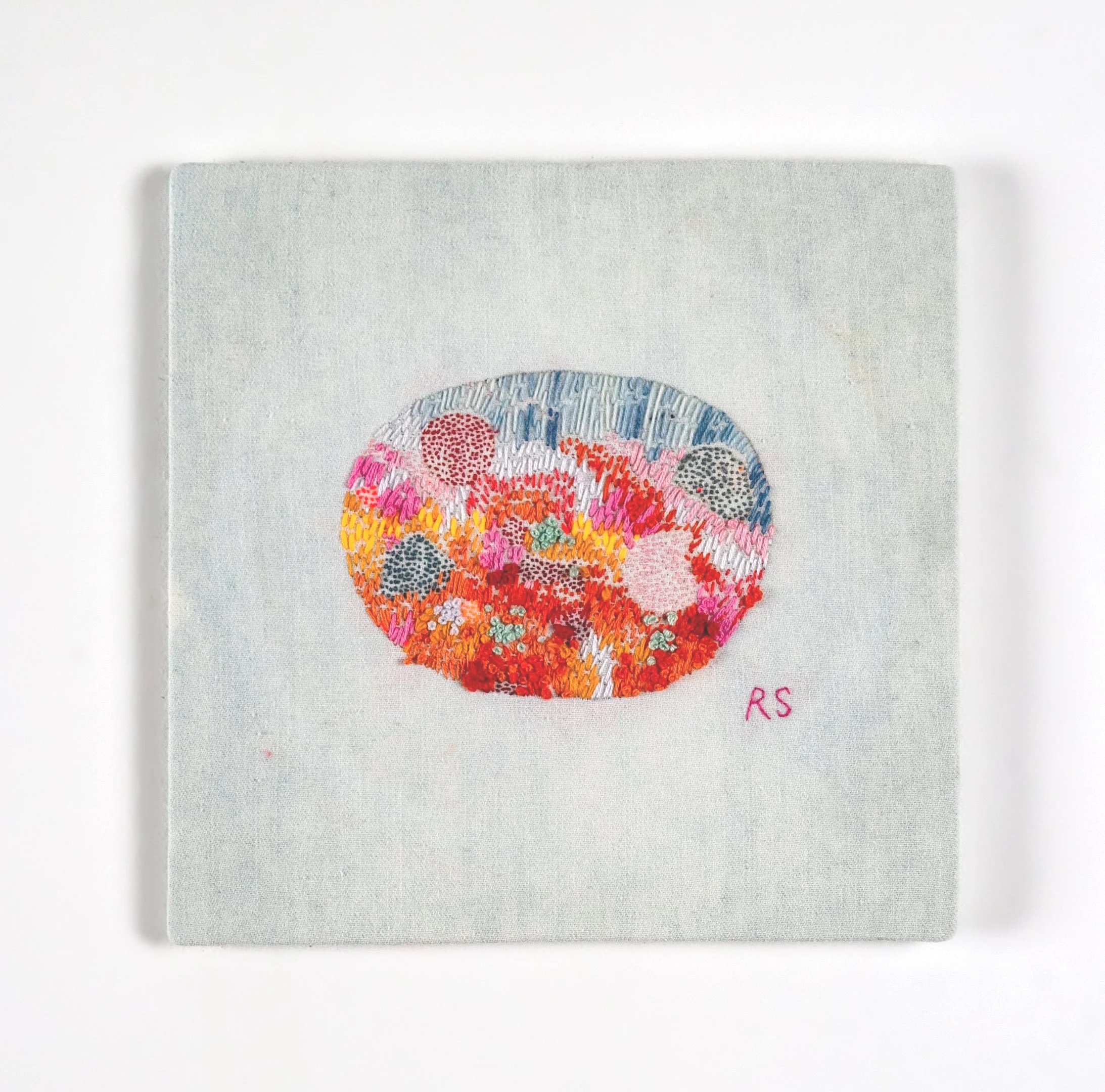 "Picnic" (2024) 7.5" x 7.5"  hand embroidery on bleached denim. $350