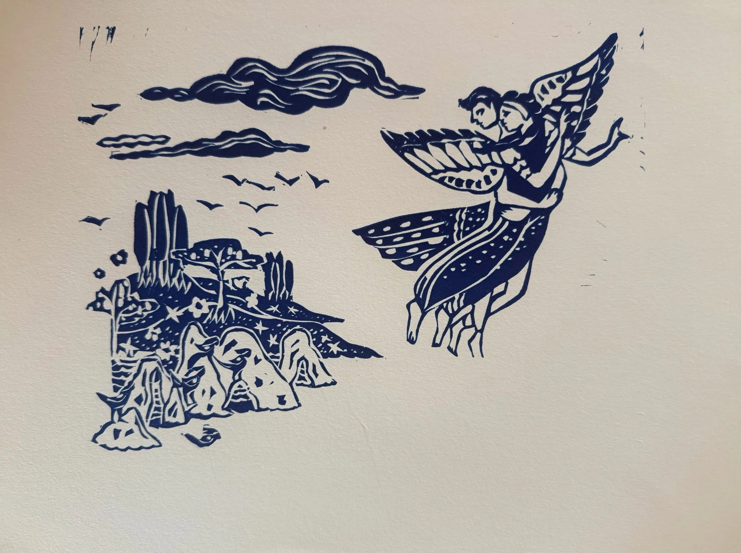 "High and away they flew" (2013)  12"x 14" relief on paper $150