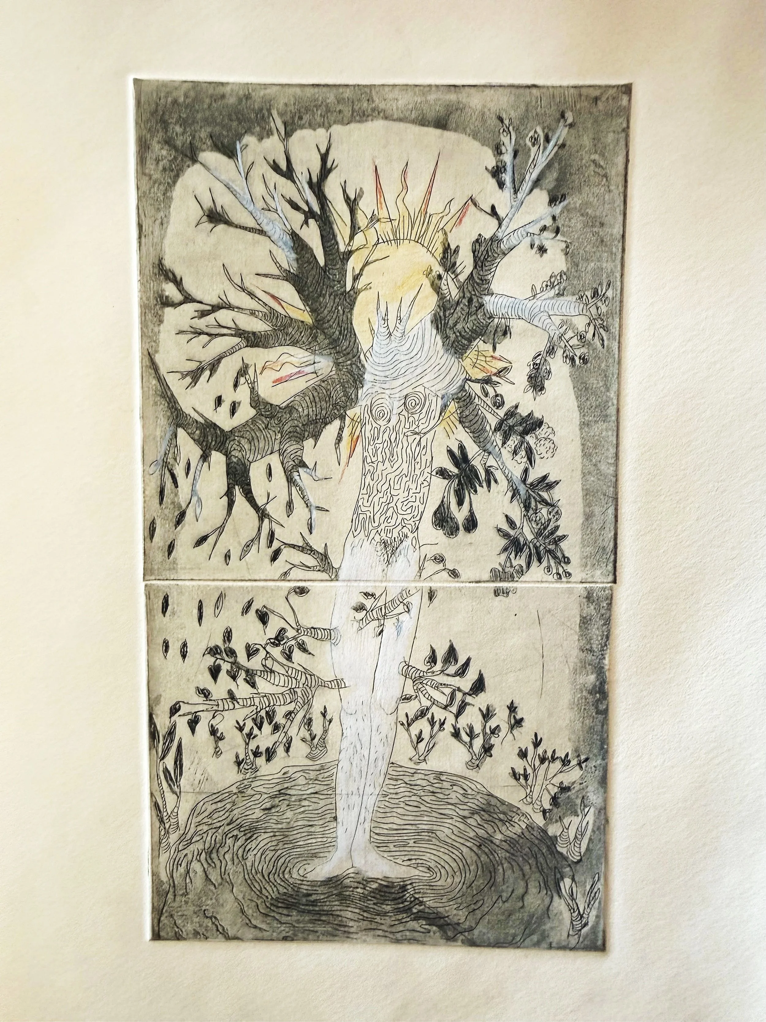 "The Tree of Life" (2011) 8.5" x 11" intaglio and aquatint on paper, hand colored with pencil