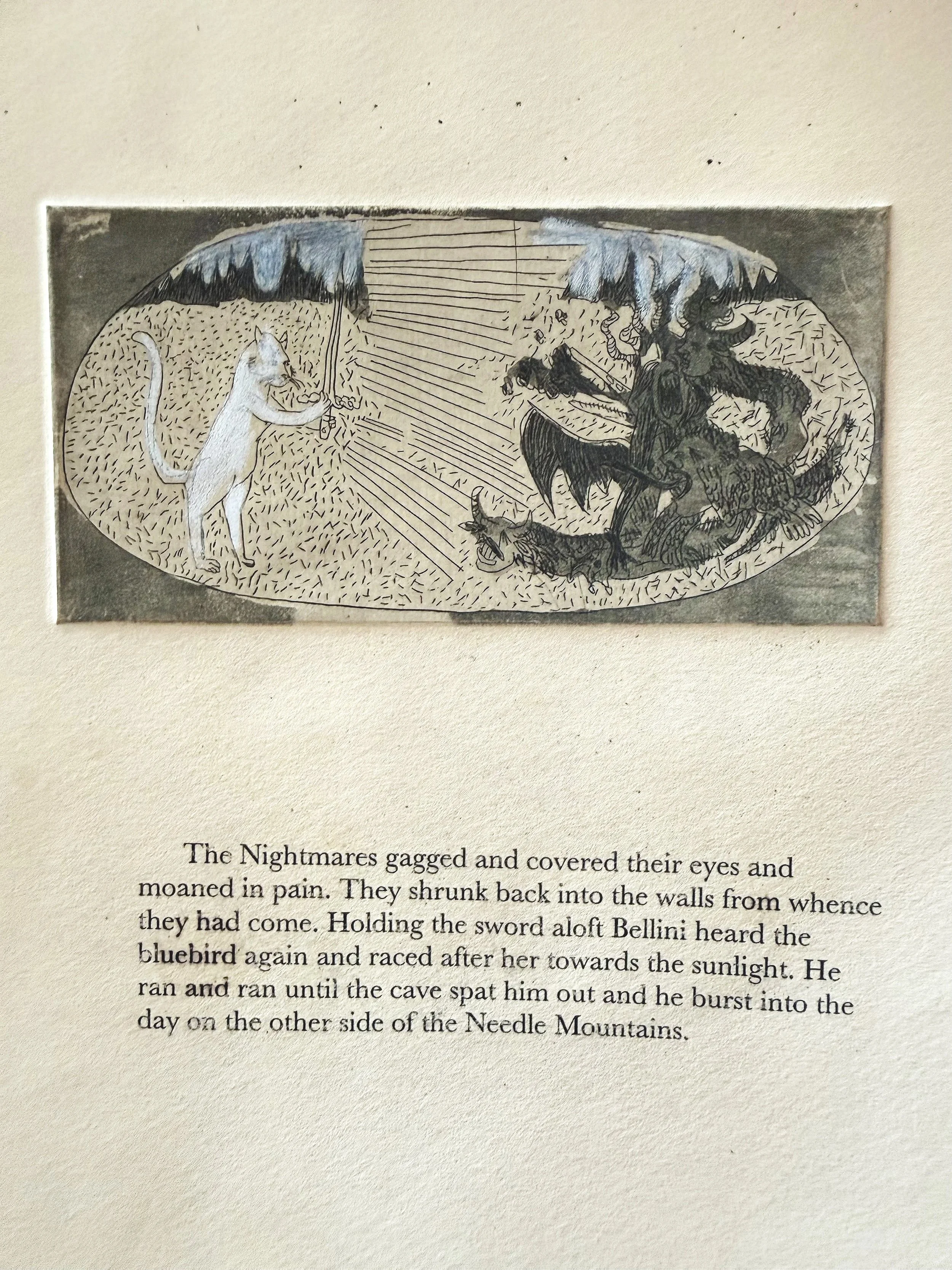 "the sword gleamed brilliantly" (2011) 8.5" x 11" intaglio and aquatint on paper, hand colored with pencil