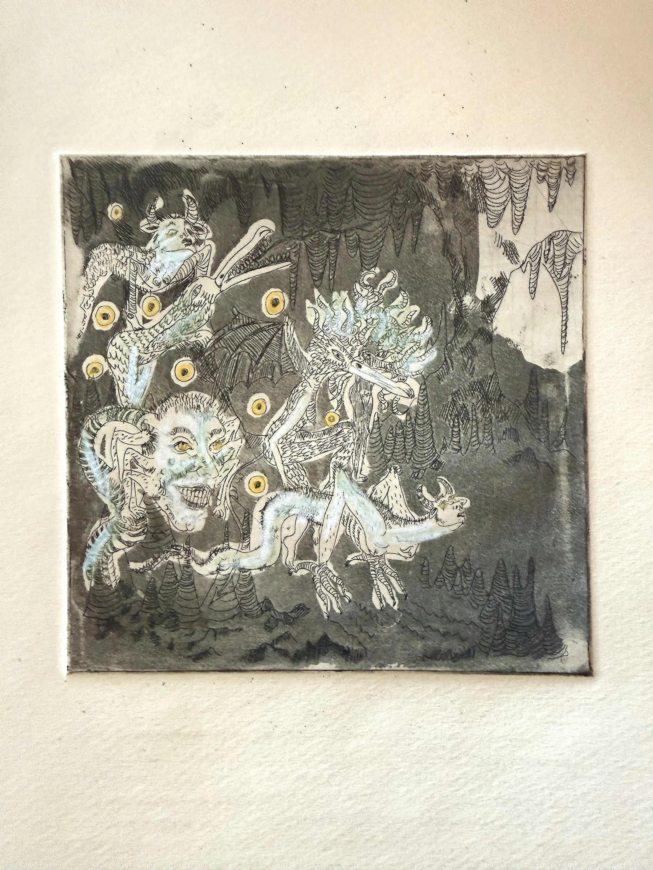 "They snarled and hissed" (2011) 8.5" x 11" intaglio and aquatint on paper, hand colored with pencil