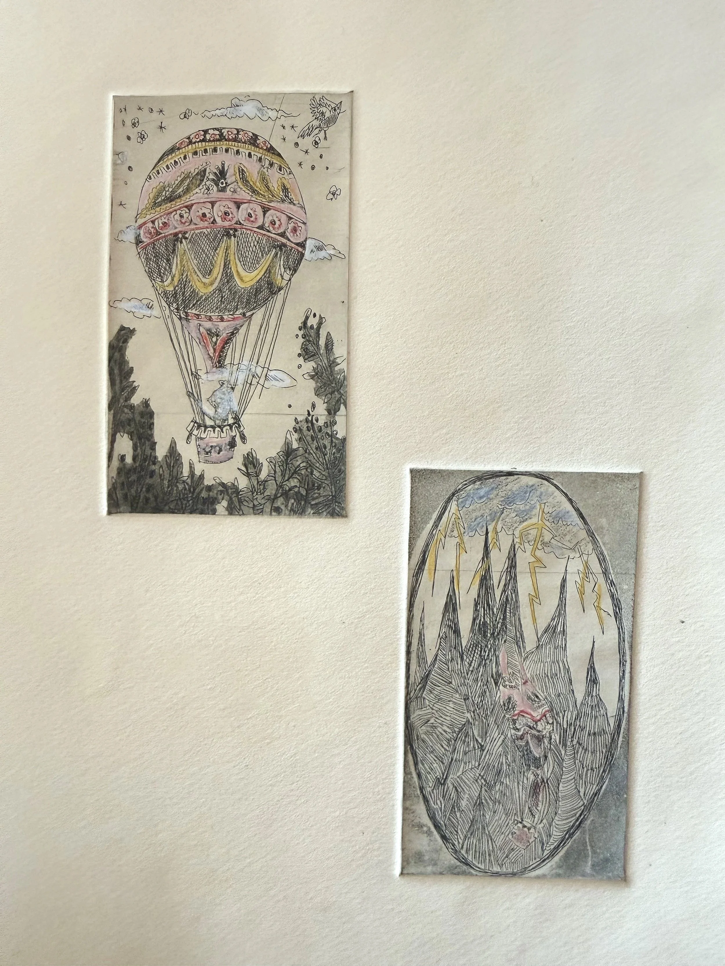 "The hot air balloon snagged and crashed on Needle Mountain" (2011) 8.5" x 11" intaglio and aquatint on paper, hand colored with pencil