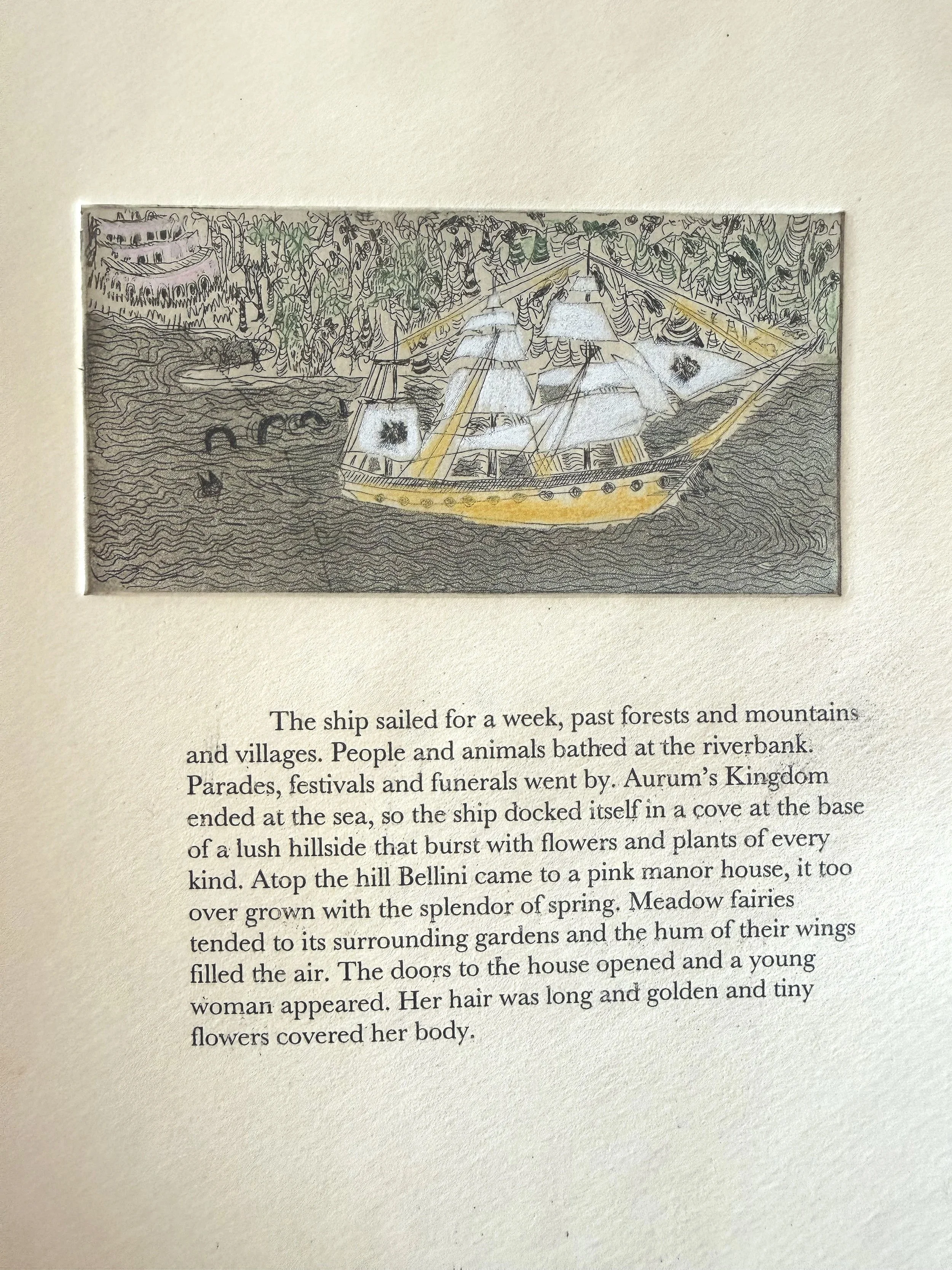 "They sailed to the lands of springtime" (2011) 8.5" x 11" intaglio and aquatint on paper, hand colored with pencil