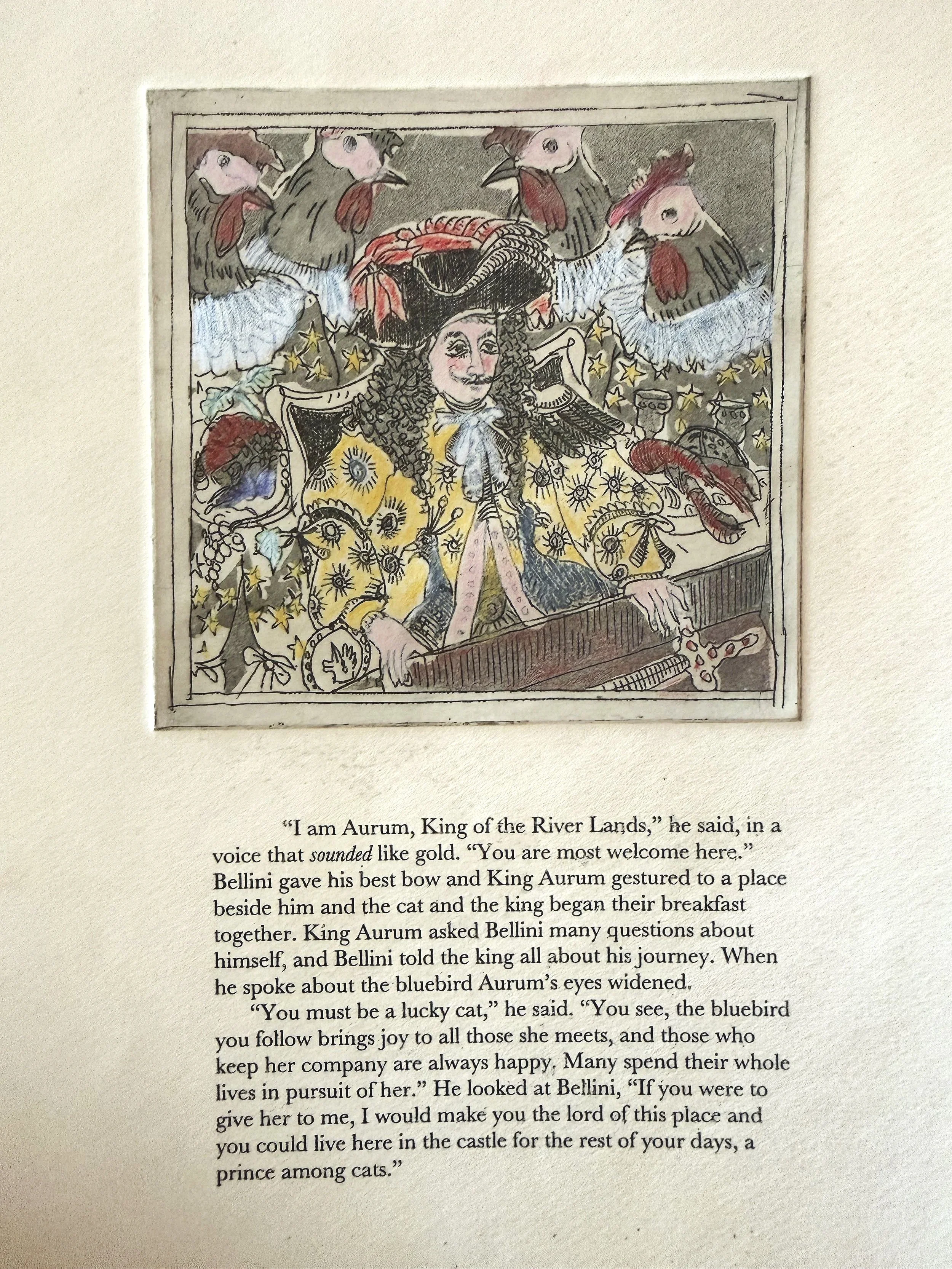 "King Aurum" (2011) 8.5" x 11" intaglio and aquatint on paper, hand colored with pencil