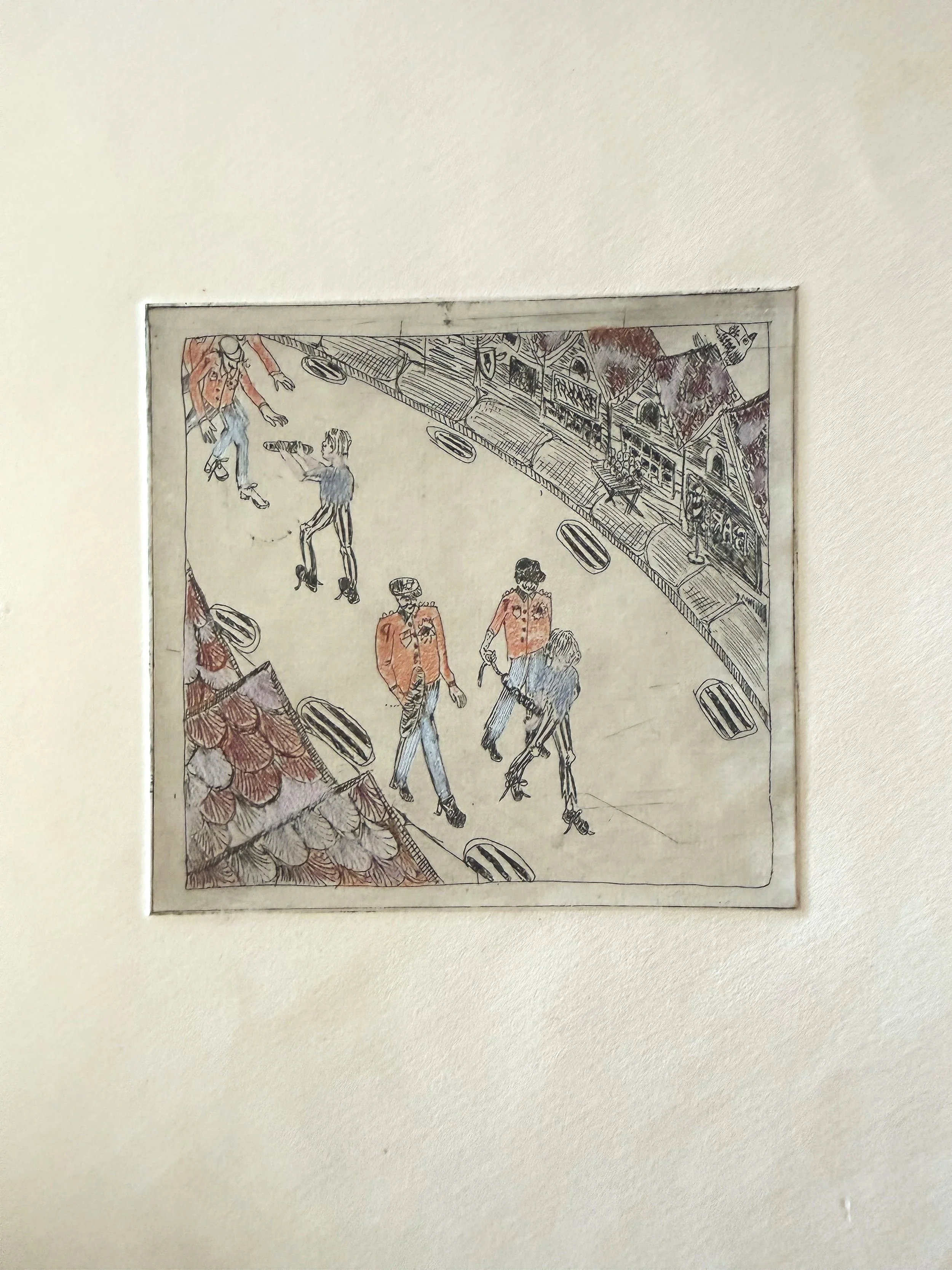"For stealing bread" (2011) 8.5" x 11" intaglio and aquatint on paper, hand colored with pencil