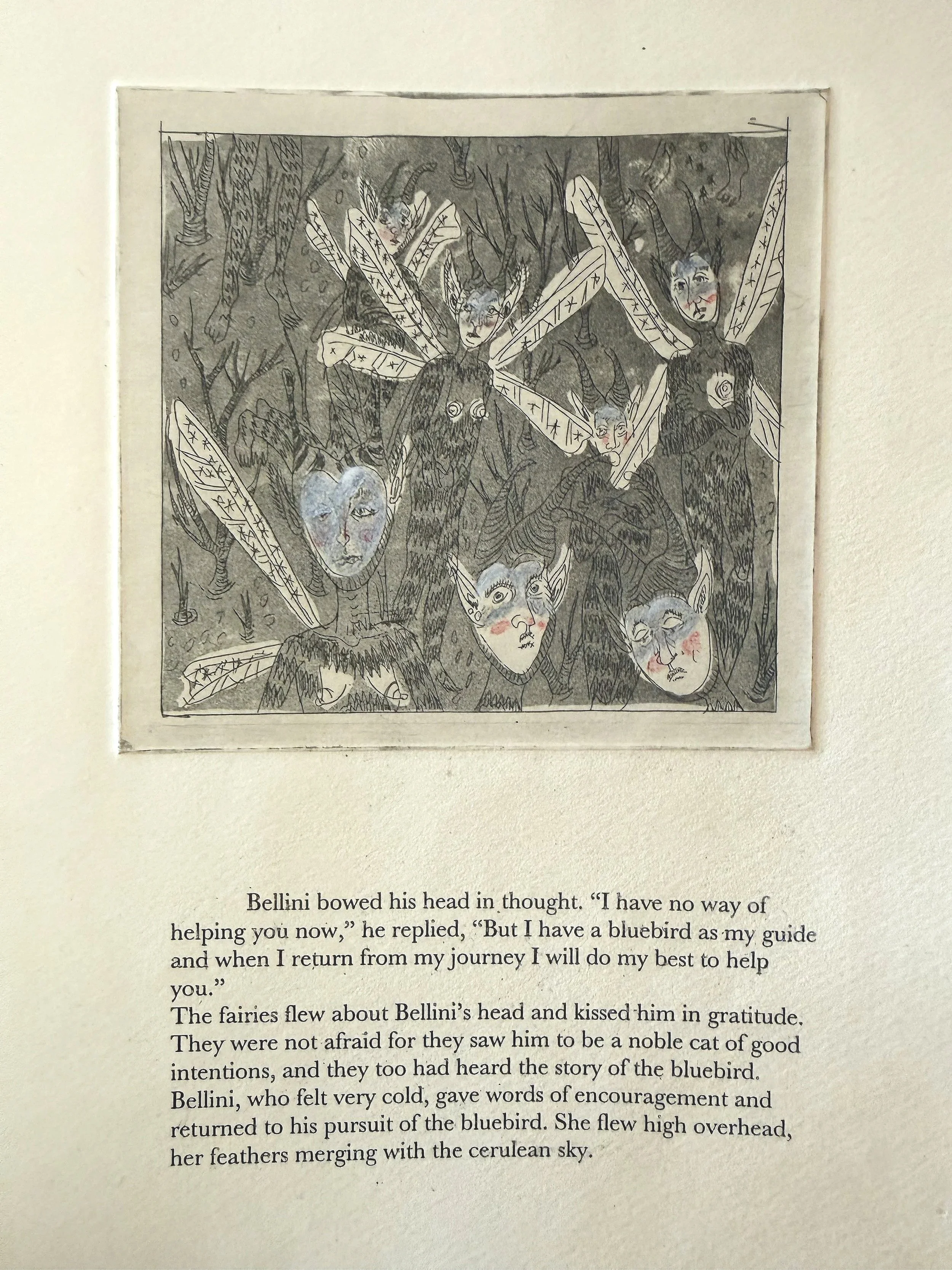 "Snow Fairies" (2011) 8.5" x 11" intaglio and aquatint on paper, hand colored with pencil