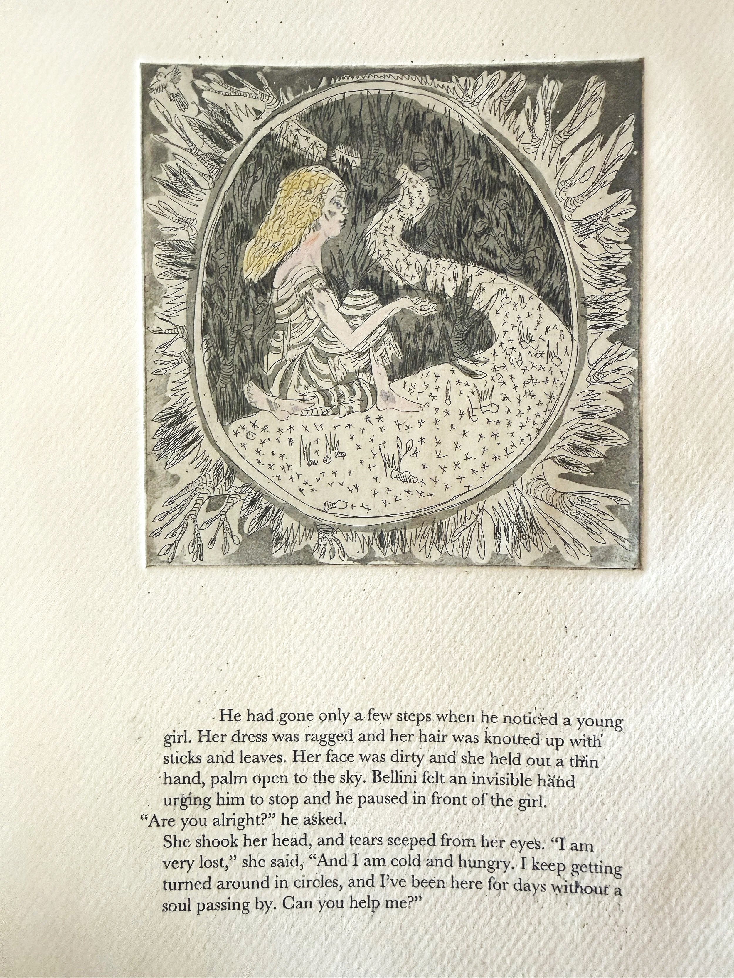 "She sat by the side of the road, hand outstretched" (2011) 8.5" x 11" intaglio and aquatint on paper, hand colored with pencil