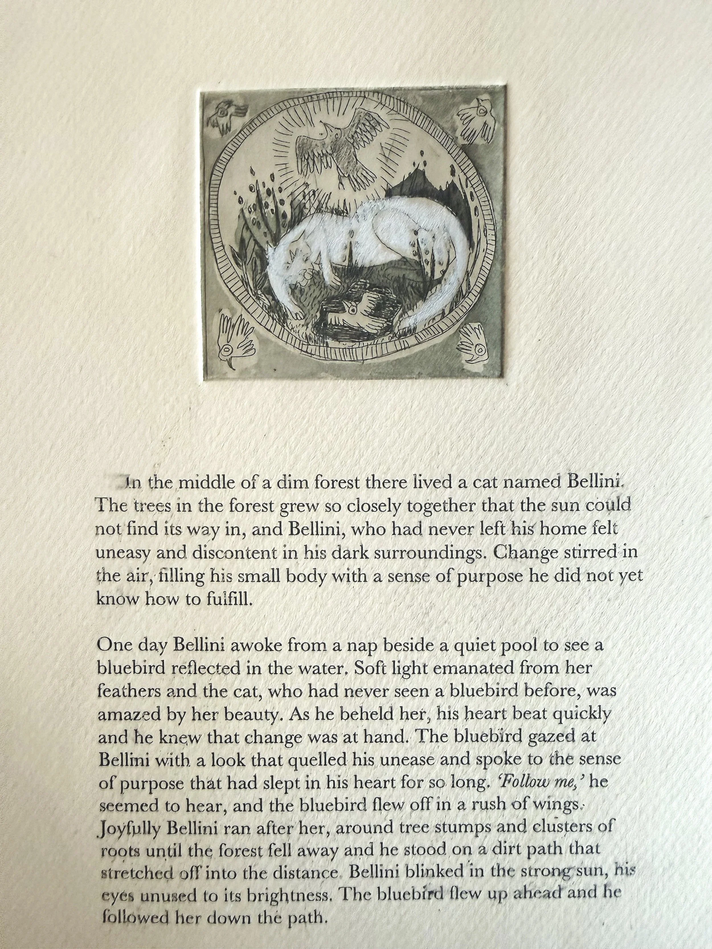 "Bellini had always lived in the forest" (2011) 8.5" x 11" intaglio and aquatint on paper, hand colored with pencil