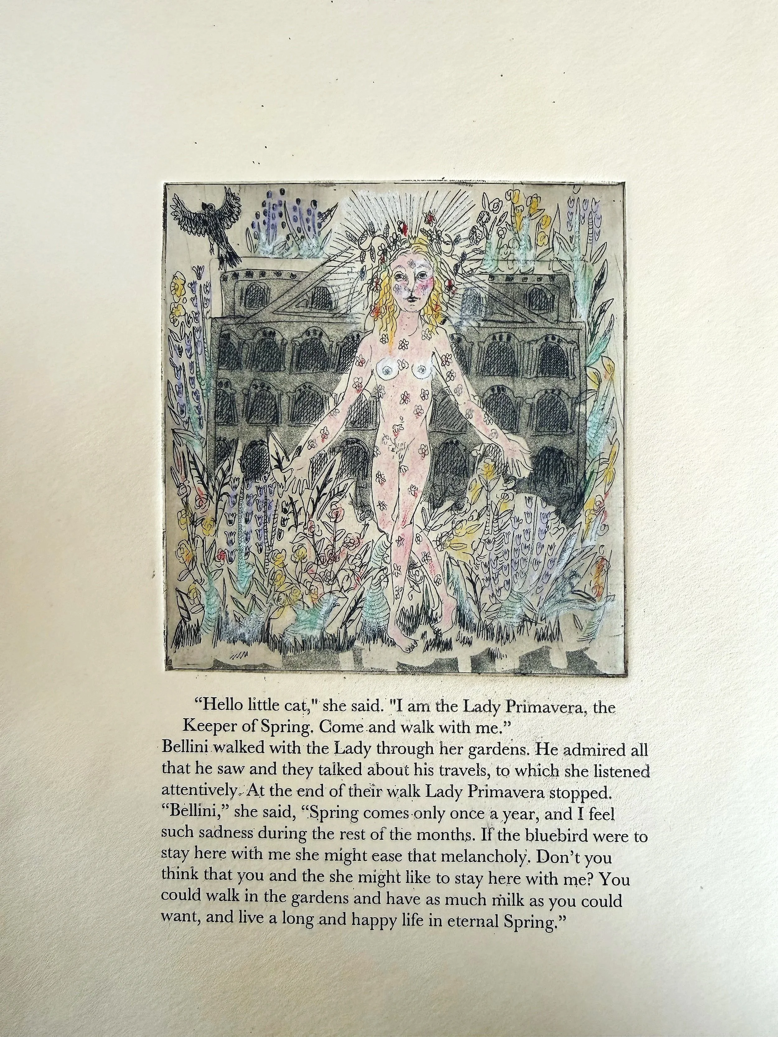 "Lady Primavera" (2011) 8.5" x 11" intaglio and aquatint on paper, hand colored with pencil