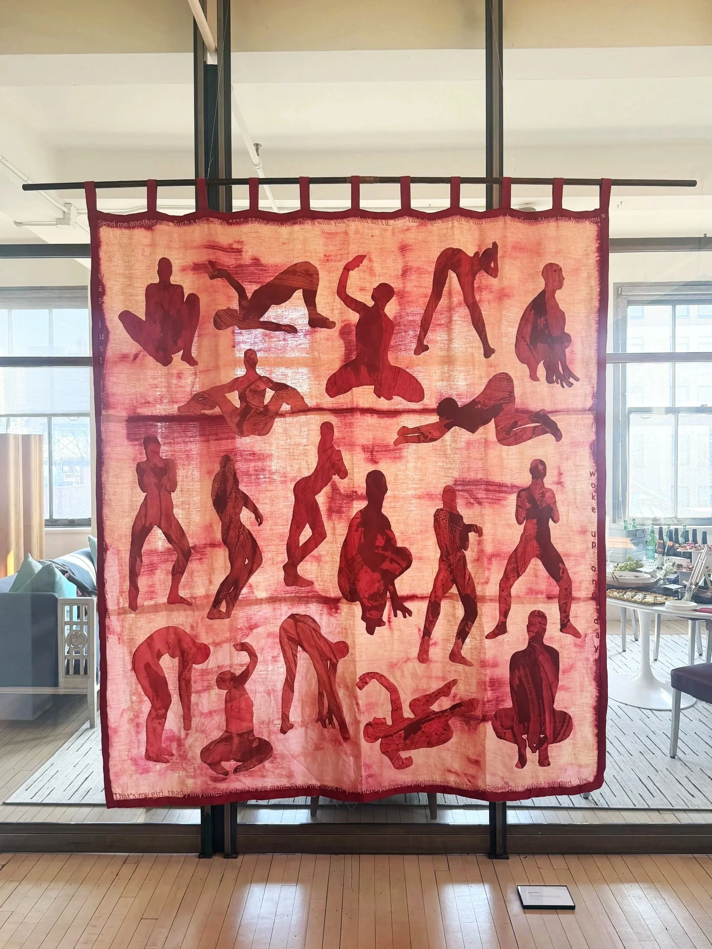 "Paper Dolls" (2026) ~90" x ~80"
cotton and muslin hand appliquéd on linen backing, dyed with cochineal, bleached. embroidered by hand $16,000
