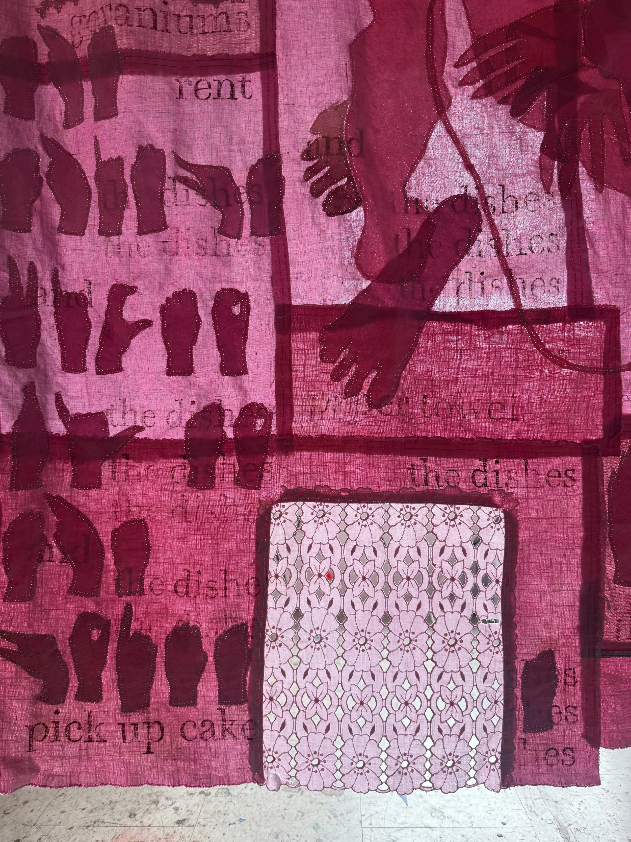 "Pink Cloud" (2026) (Detail, Afternoon Light) 90" x 80" Dyed Linen and cotton appliqués on backing of same with relief prints 