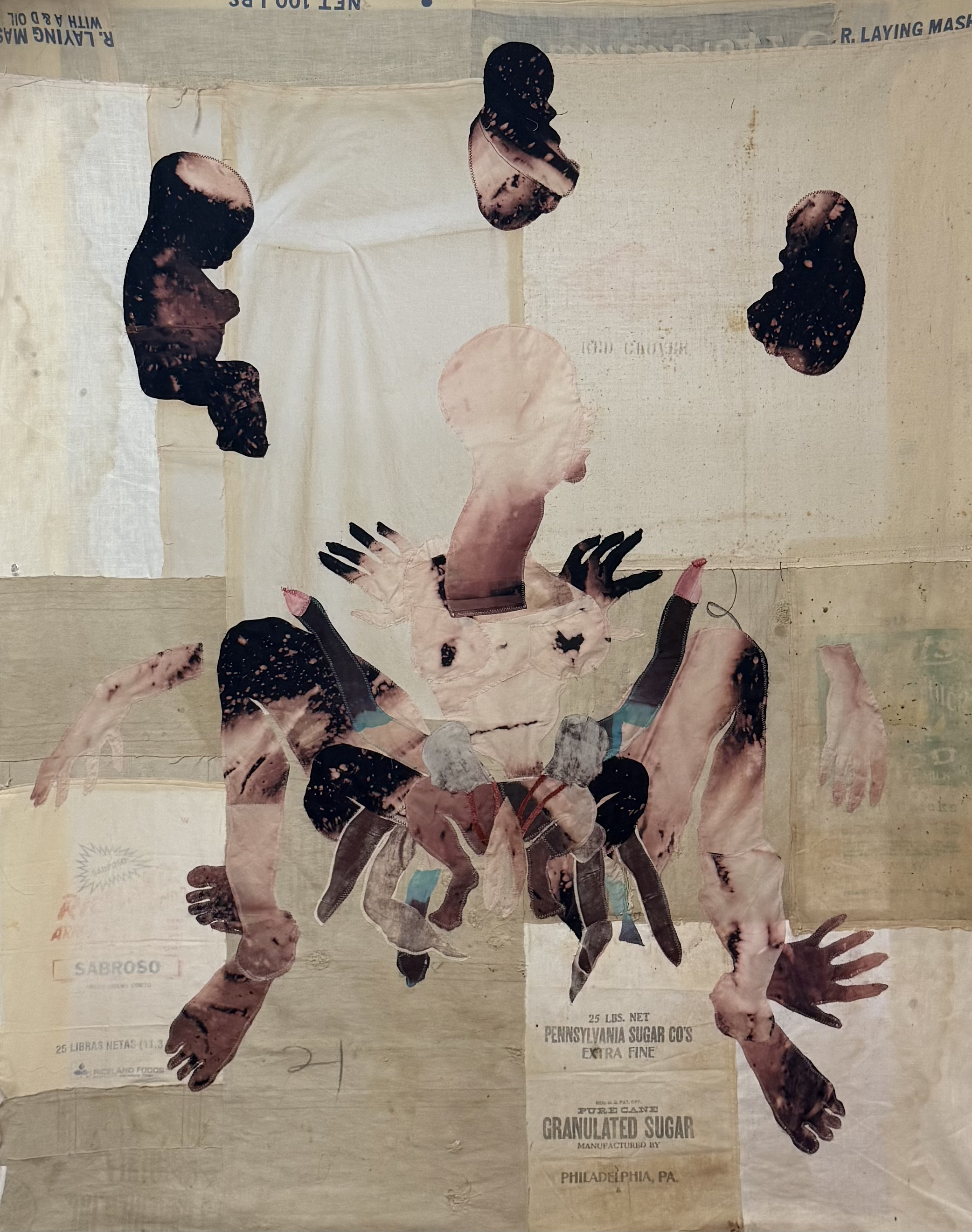 "Cecilia" (2026) (without backlighting) 70" x 57" Bleached bedsheets, coffee, fluid watercolor, relief prints, used grain, seed and soap sacks, hand embroidery, $9,000