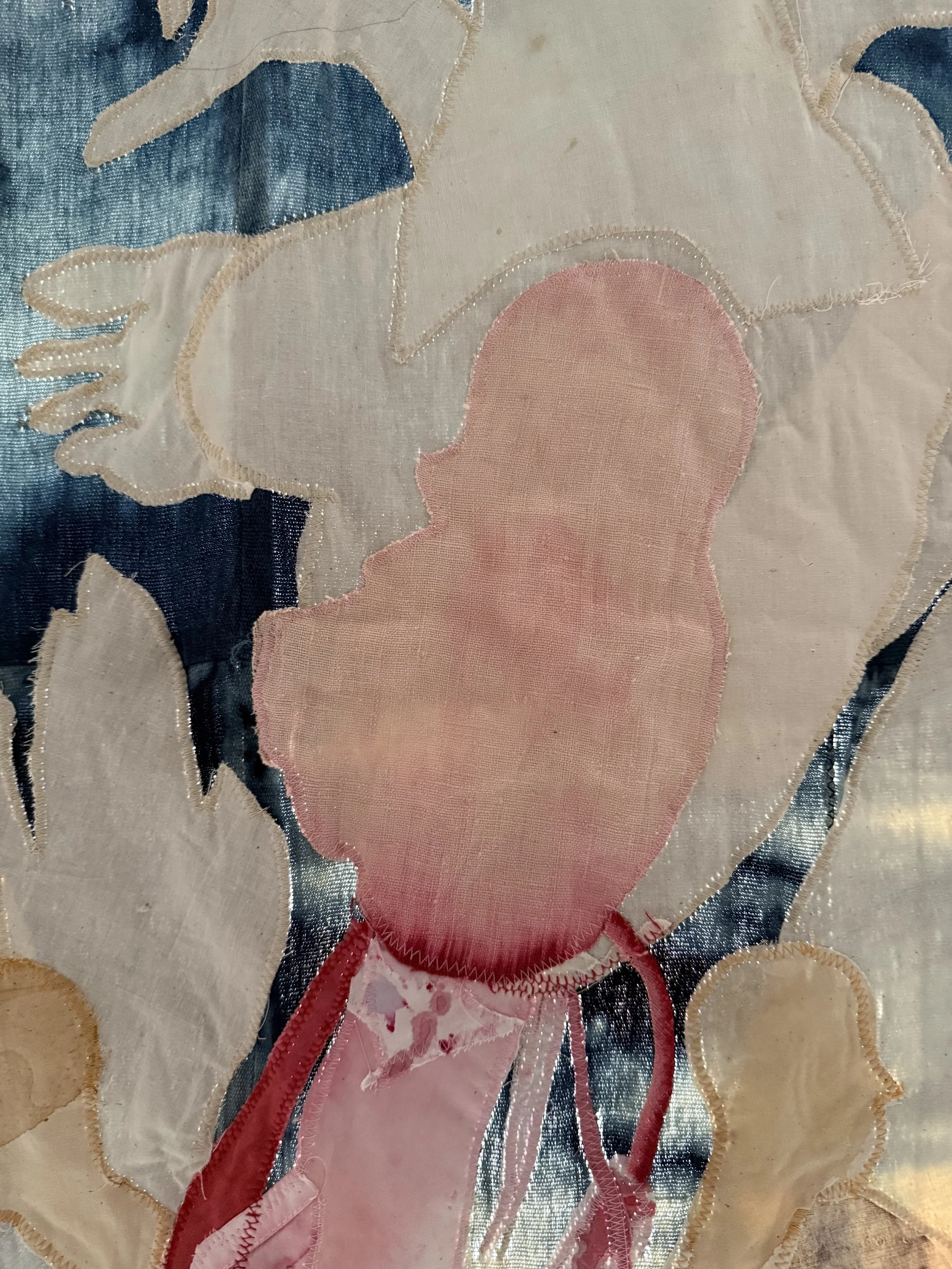 "Blue Mama" (2026) (Detail, Afternoon Light) 57" x 50" Muslin, cotton, coffee, cochineal dye, fabric relief print on bleached indigo shawls 