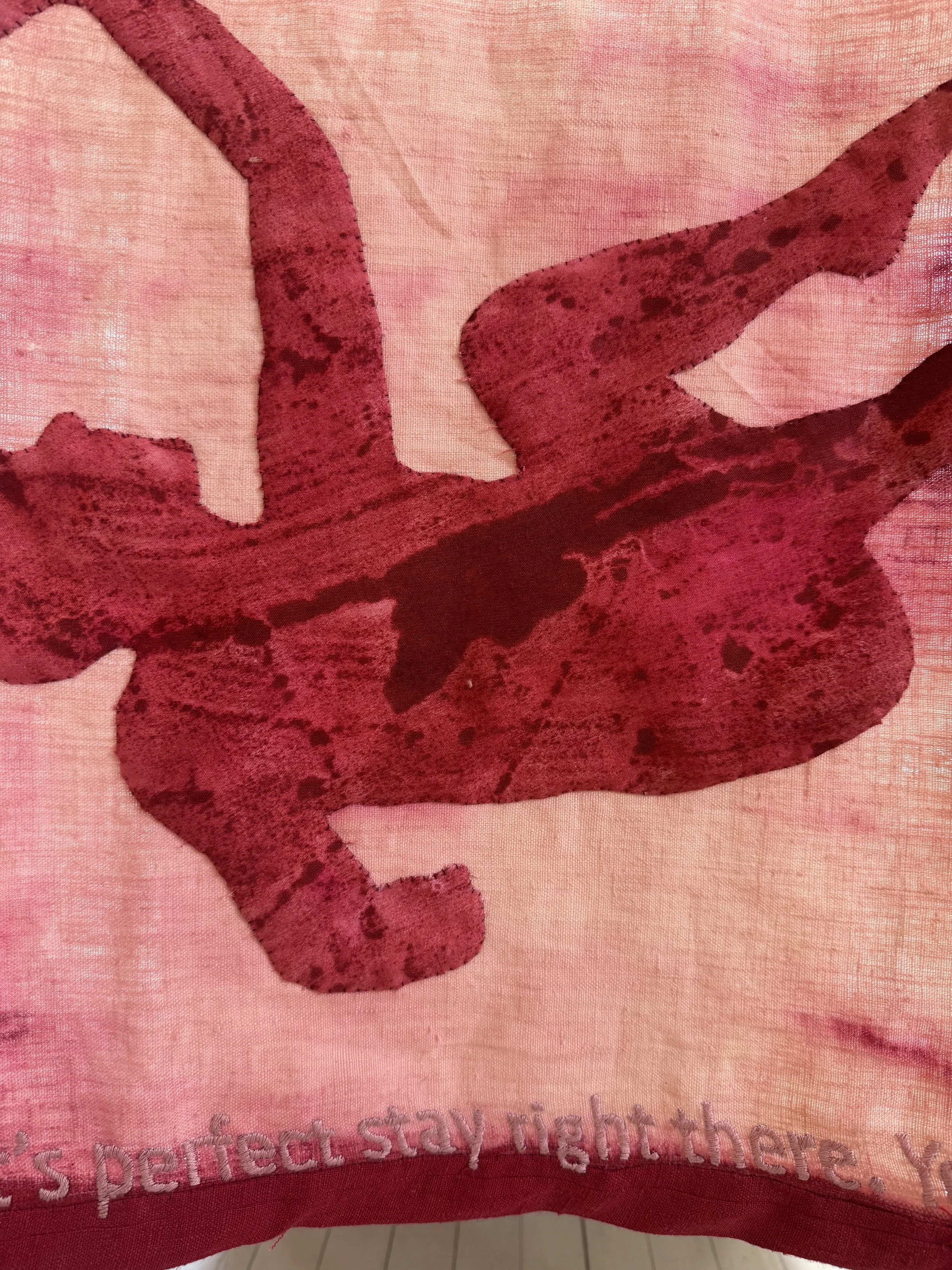 "Paper Dolls" (details) monotypes cotton appliqués hand stitched on linen with hand embroidery