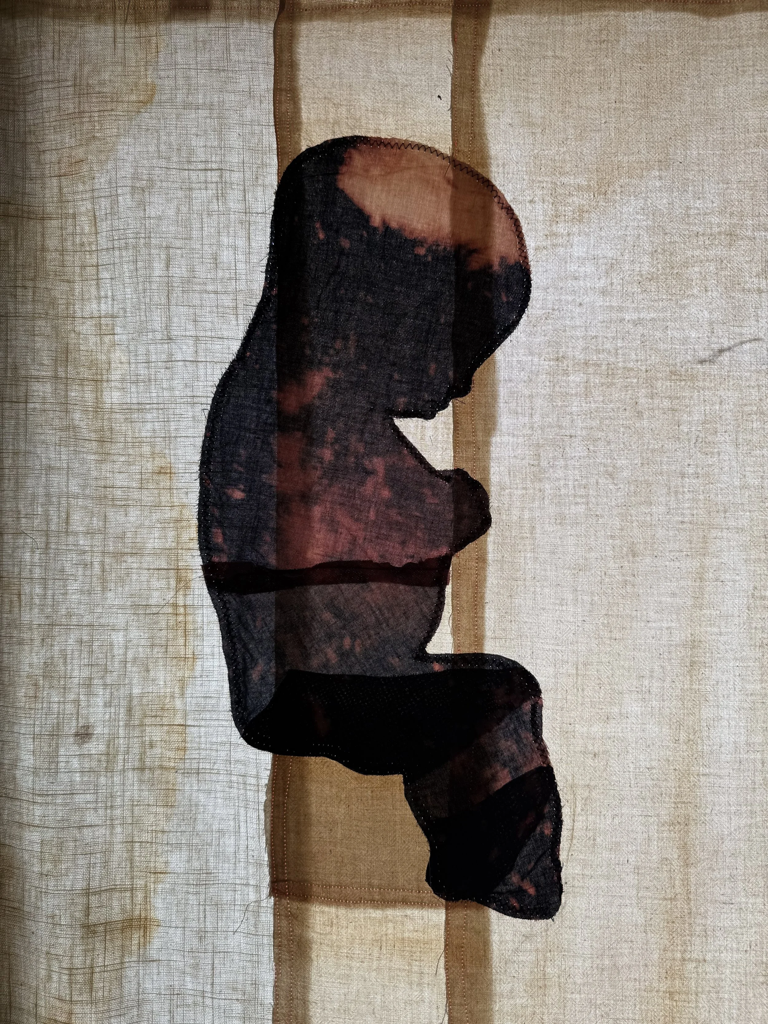 "Cecilia" (2026) (detail, in evening light) 70" x 57" Bleached bedsheets, coffee, fluid watercolor, relief prints, used feed, seed and soap sacks, hand embroidery