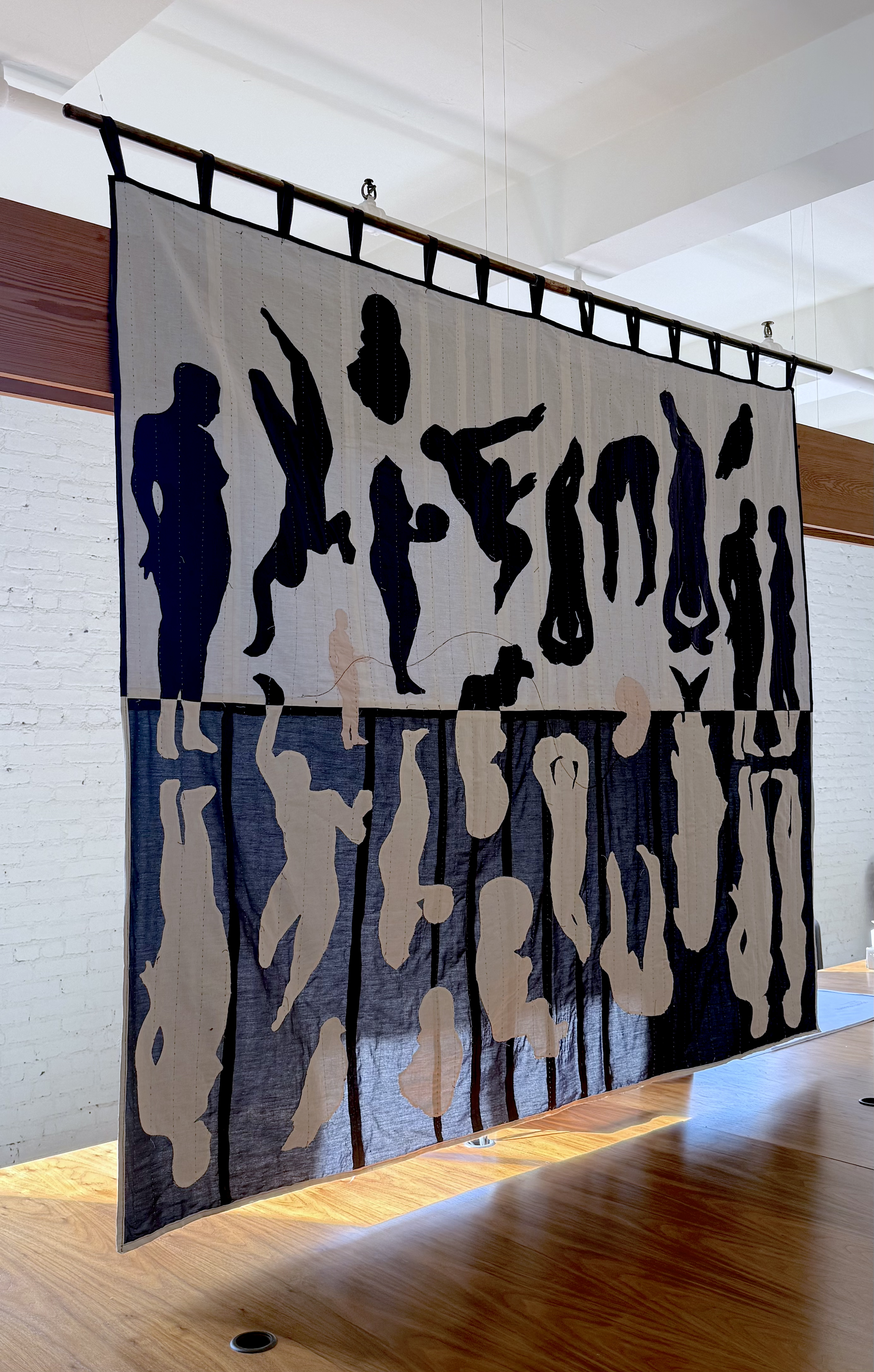 "Mothership" (2025) 86.5" x 72.5" muslin, linen and cotton polyester hand appliquéd with hand and machine embroidery. Quilted by hand. $12,000