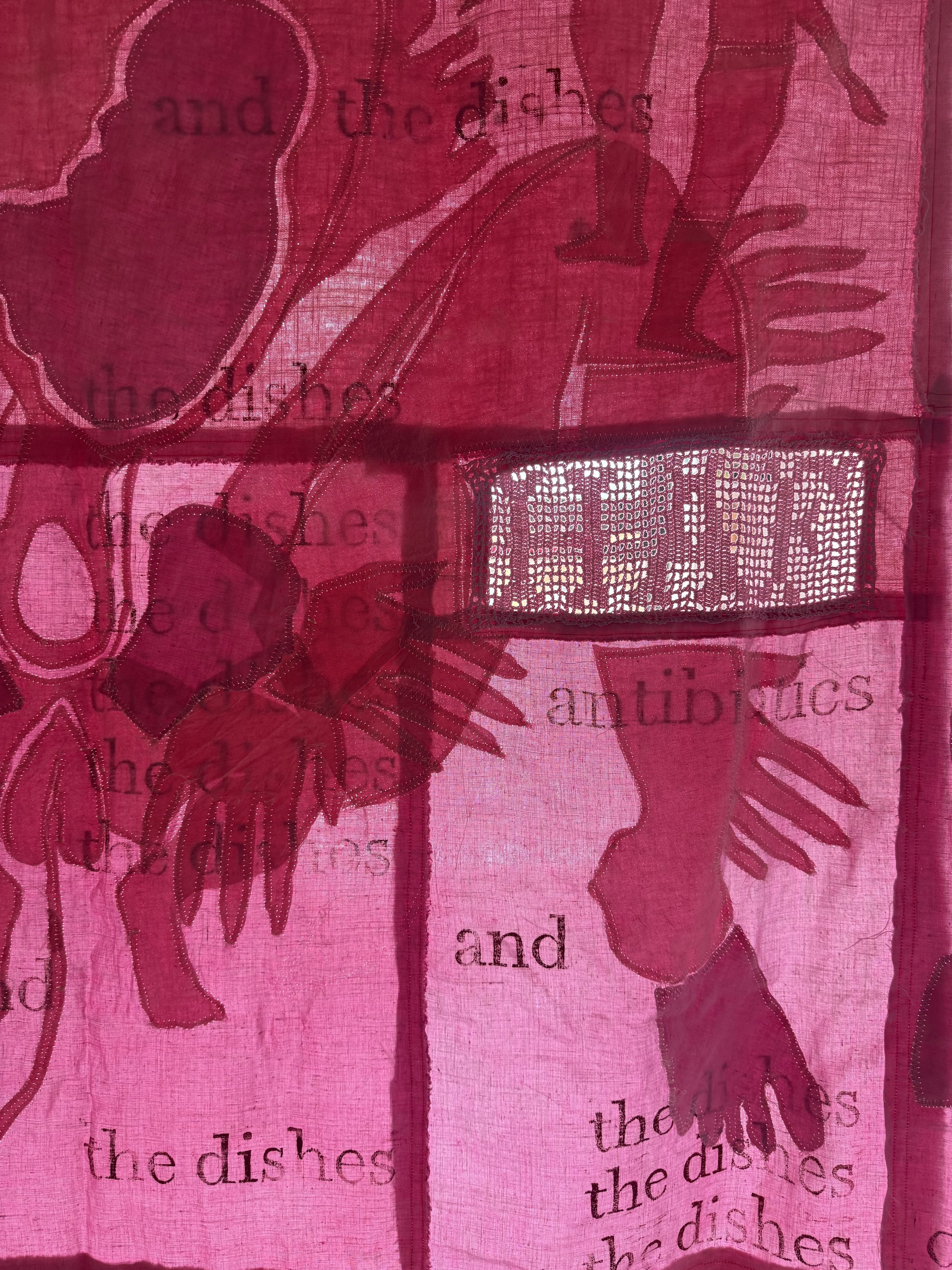 "Pink Cloud" (2026) (Detail, Afternoon Light) 90" x 80" Dyed Linen and cotton appliqués on backing of same with relief prints 