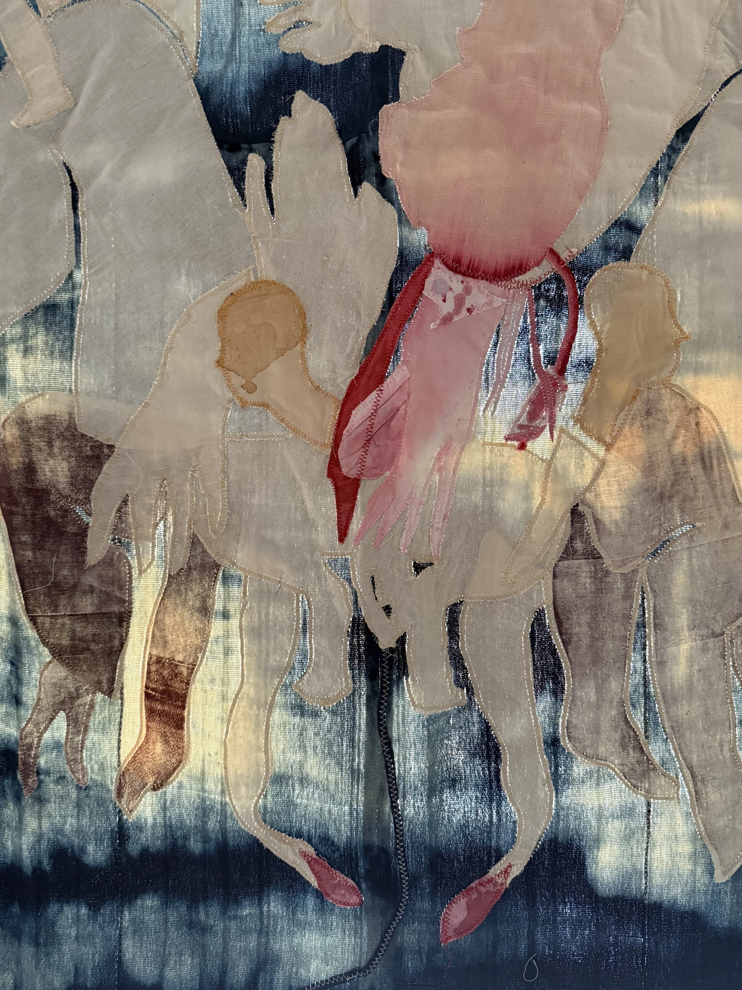 "Blue Mama" (2026) (Detail, Afternoon Light) 57" x 50" Muslin, cotton, coffee, cochineal dye, fabric relief print on bleached indigo shawls 