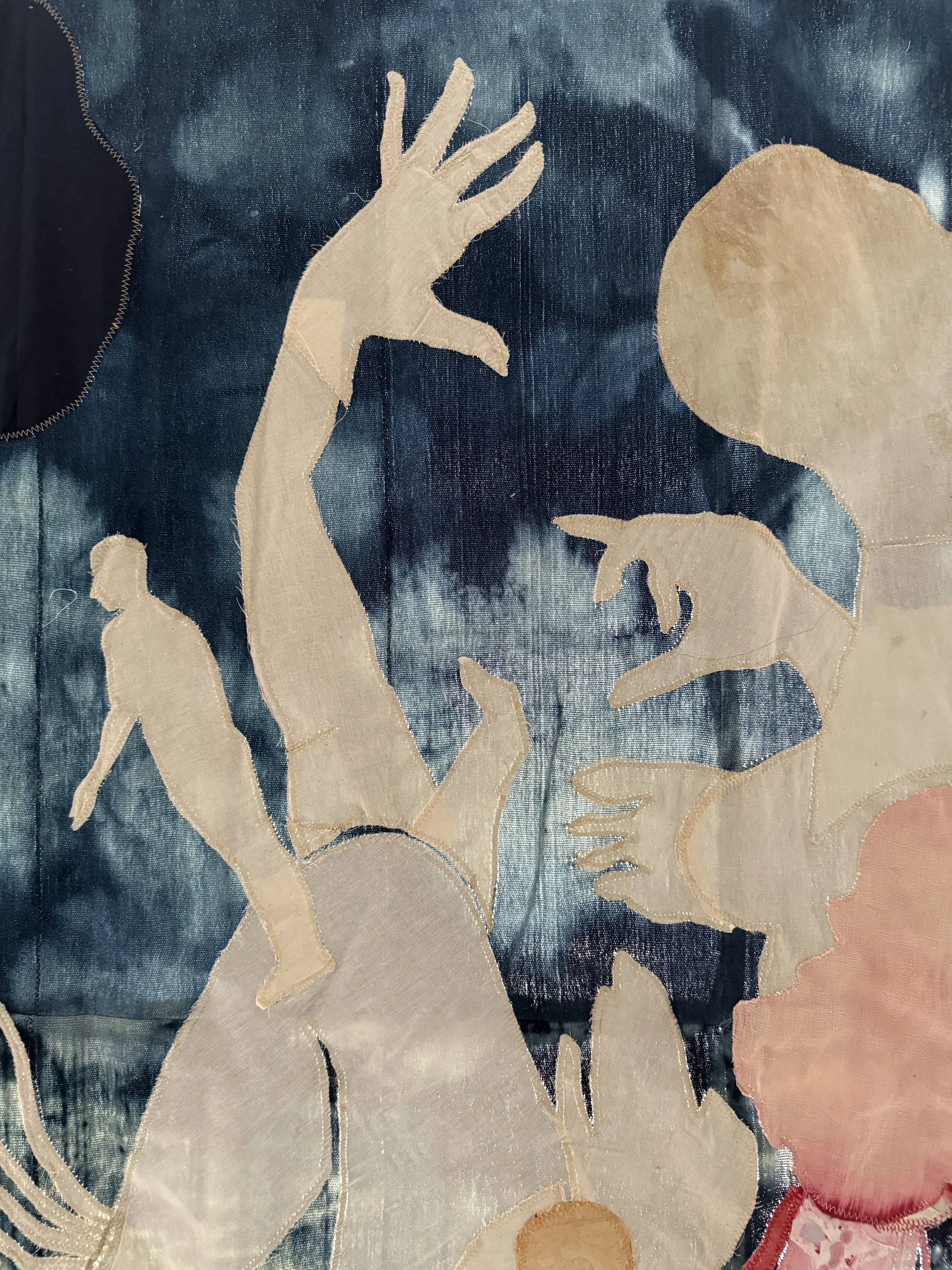 "Blue Mama" (2026) (Detail, Afternoon Light) 57" x 50" Muslin, cotton, coffee, cochineal dye, fabric relief print on bleached indigo shawls 