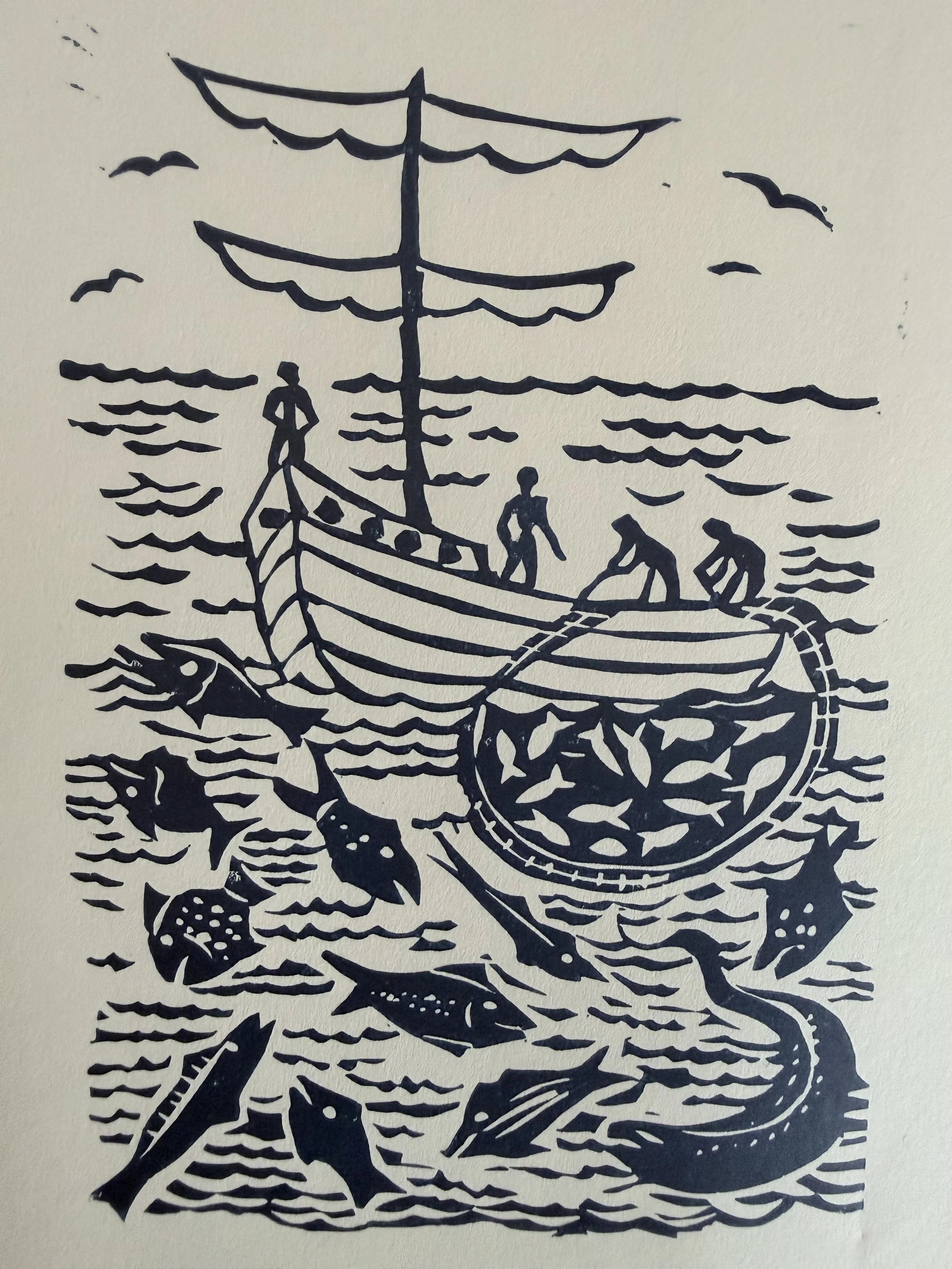 "So he booked passage on a fishing boat, bound for the open ocean" (2013) 10" x 8" relief on paper $150