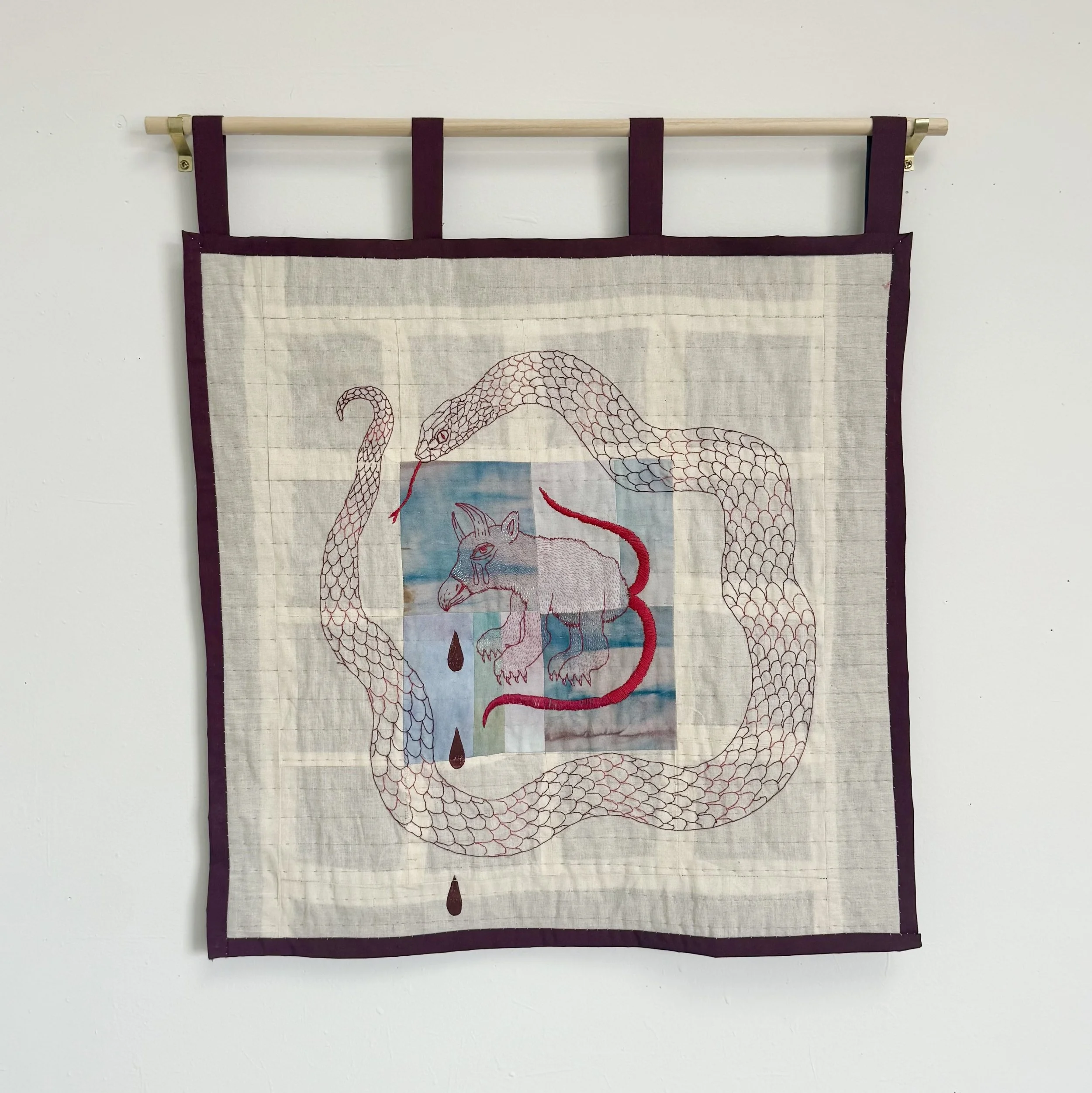 "Babygirl and Cottonmouth" (2025) 20" x 20" watercolored cotton on linen and polyester with linocut additions, embroidered and quilted by hand $1900
