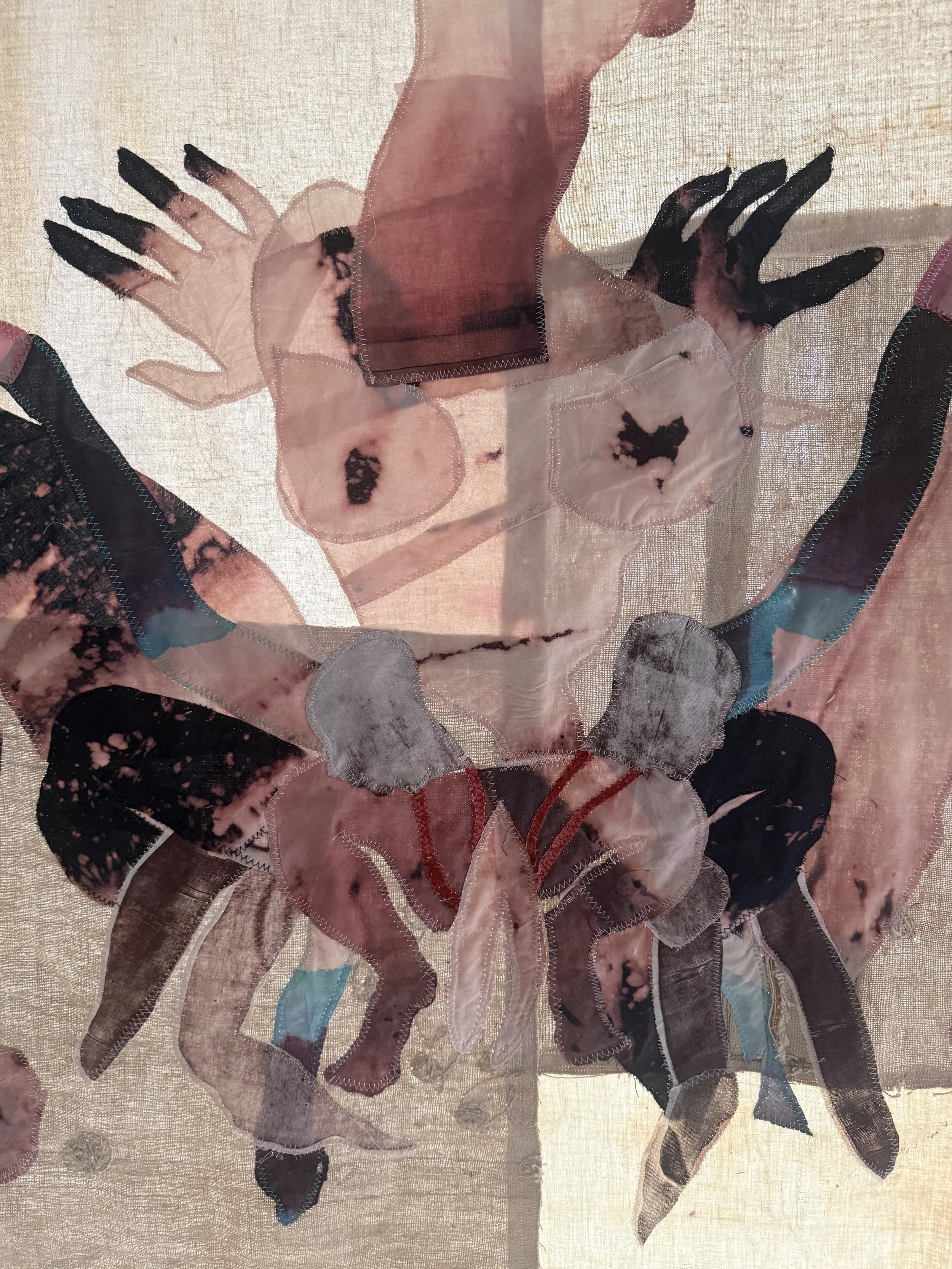 "Cecilia" (2026) (detail, in afternoon light) 70" x 57" Bleached bedsheets, coffee, fluid watercolor, relief prints, used feed, seed and soap sacks, hand embroidery