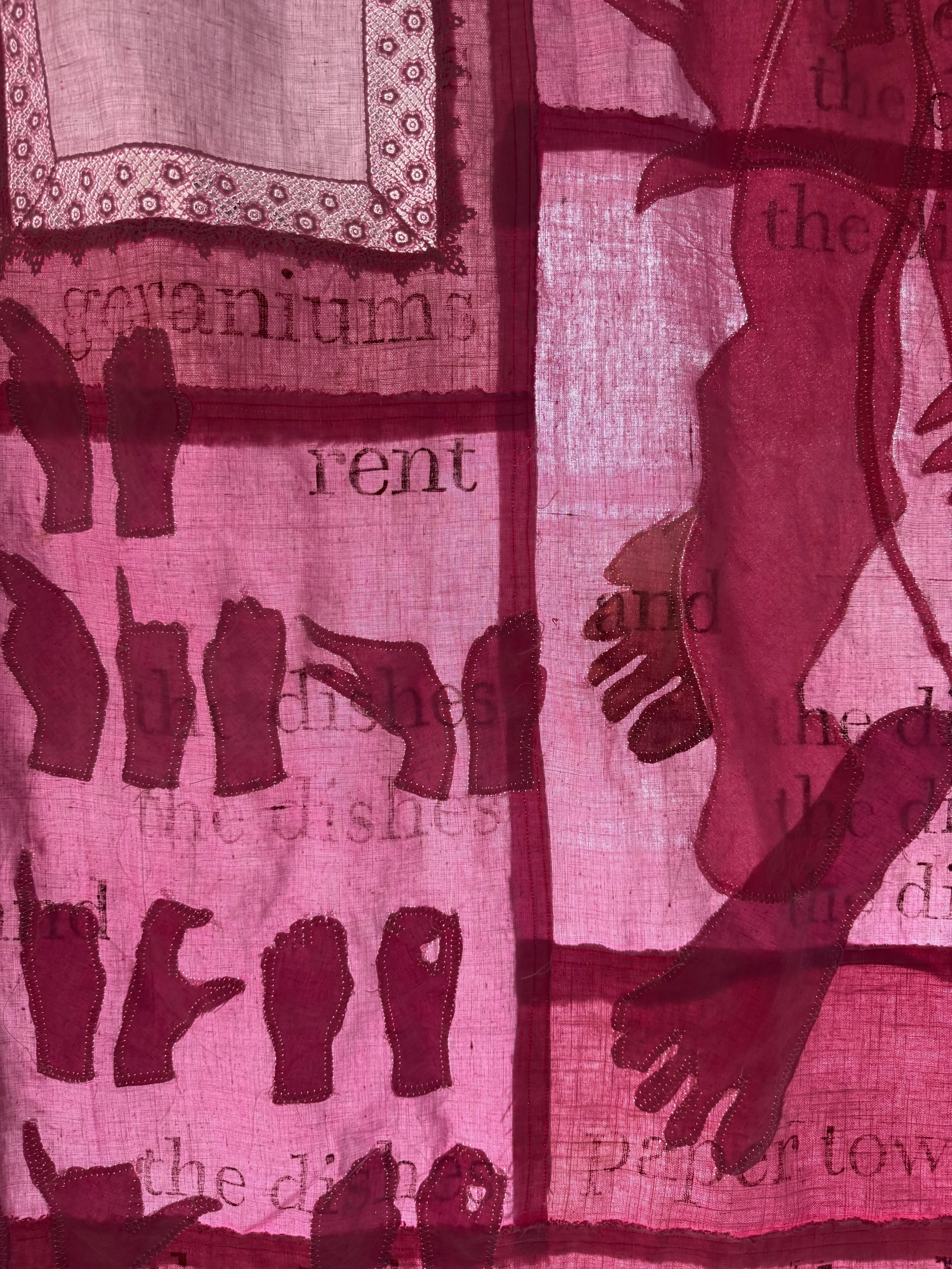 "Pink Cloud" (2026) (Detail, Afternoon Light) 90" x 80" Dyed Linen and cotton appliqués on backing of same with relief prints 