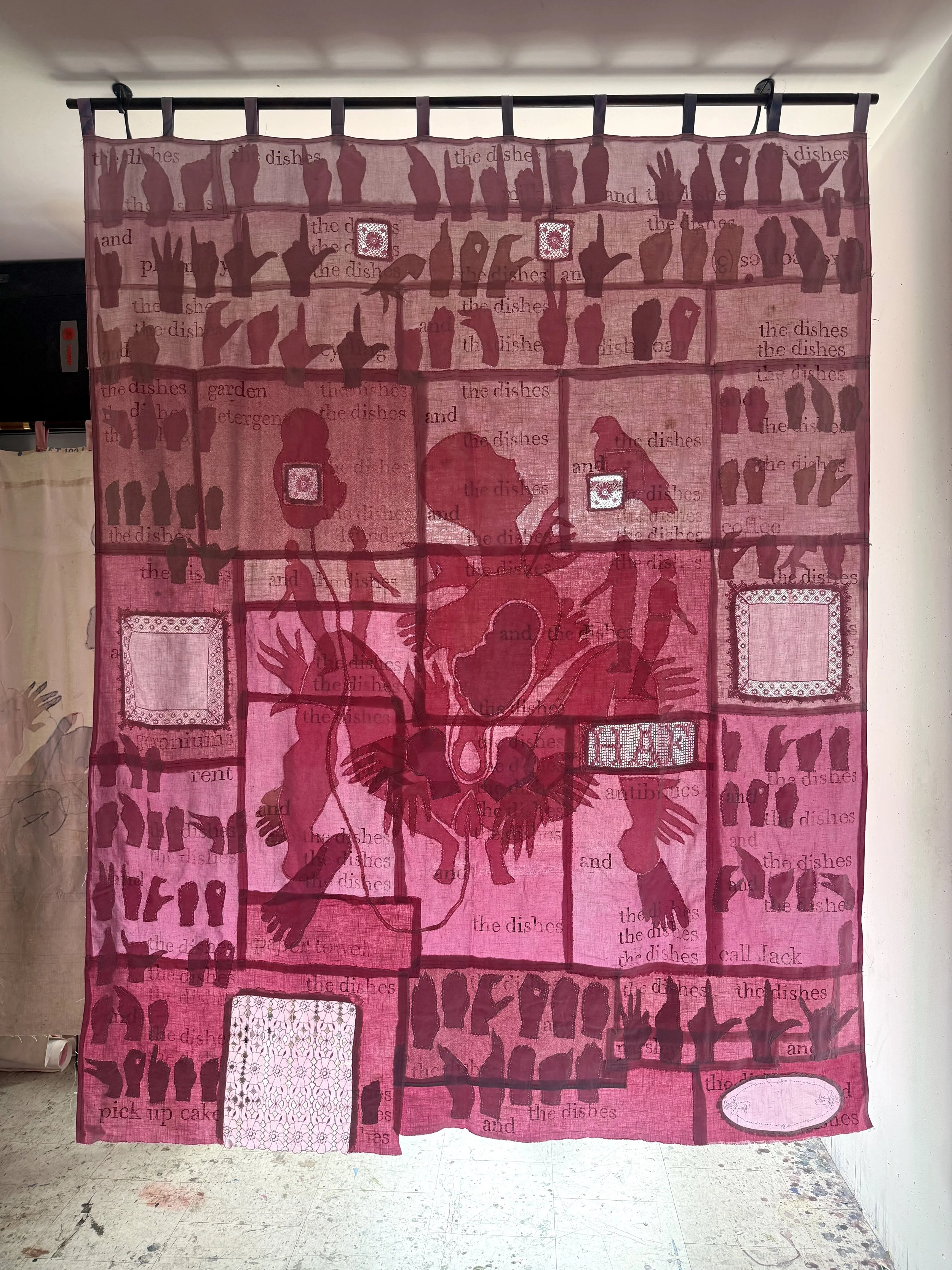 "Pink Cloud" (2026) 90" x 80" Dyed Linen and cotton appliqués on backing of same with relief prints $12,000