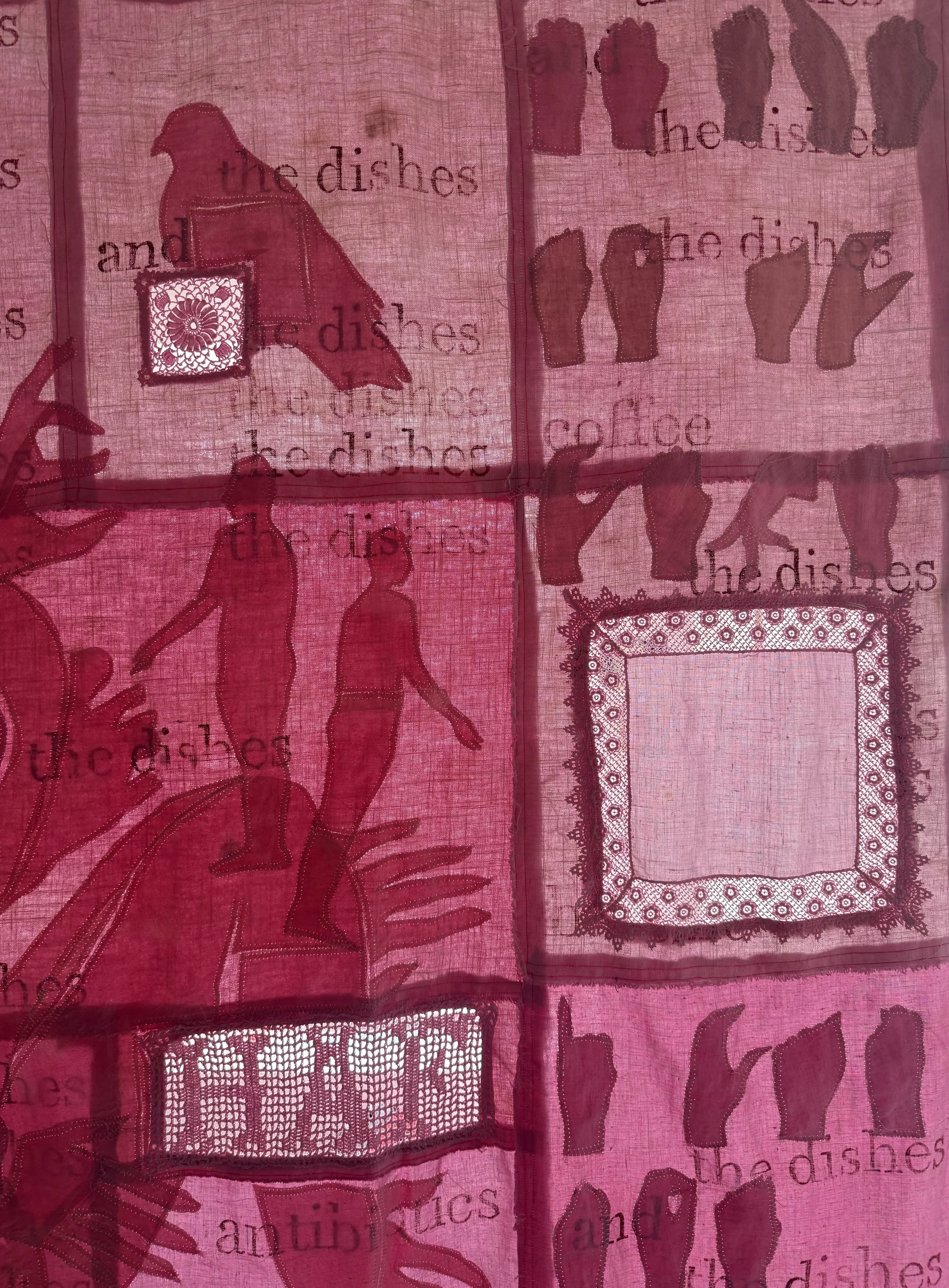 "Pink Cloud" (2026) (Detail, Afternoon Light) 90" x 80" Dyed Linen and cotton appliqués on backing of same with relief prints 