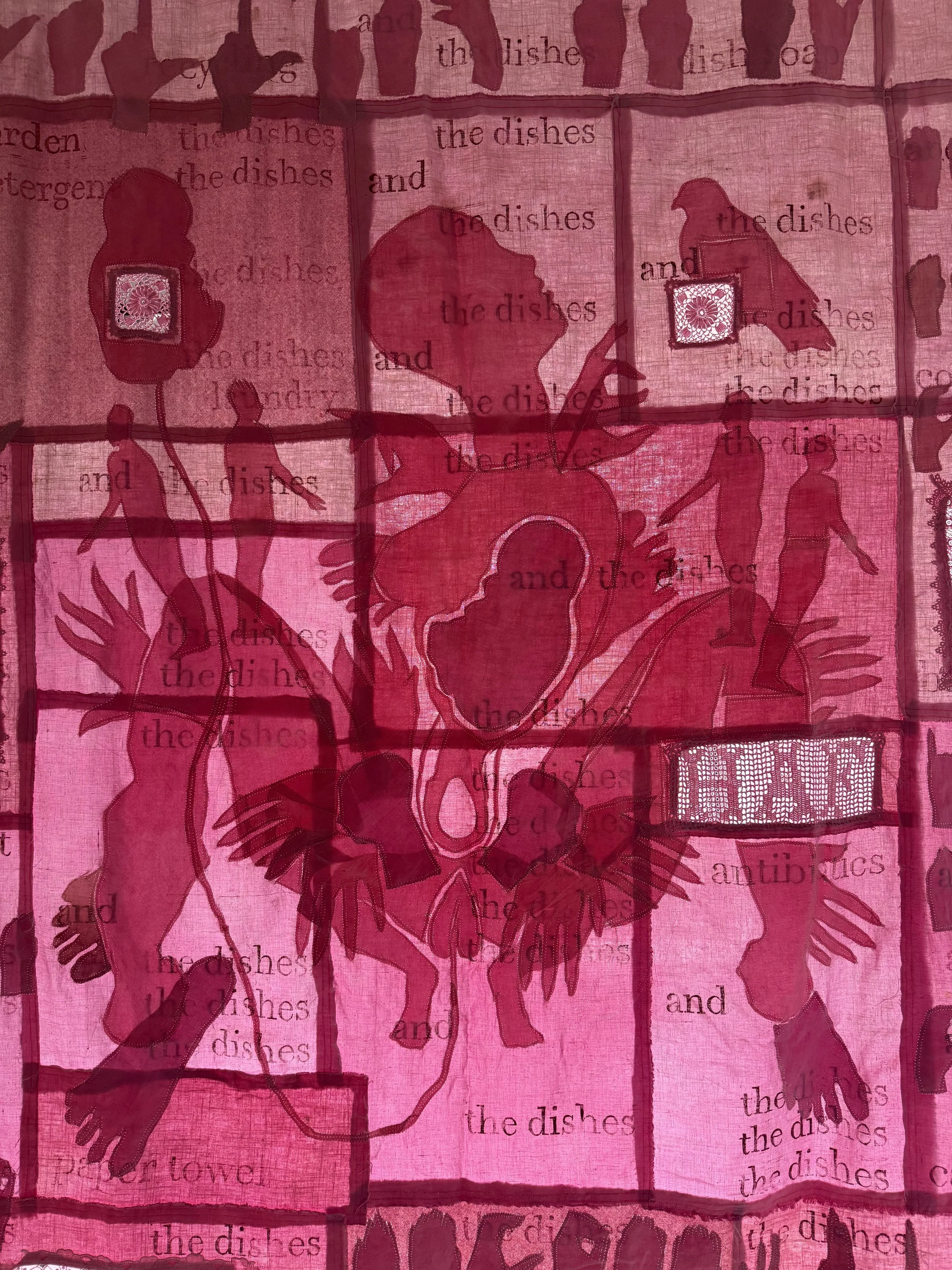 "Pink Cloud" (2026) (Detail, Afternoon Light) 90" x 80" Dyed Linen and cotton appliqués on backing of same with relief prints 