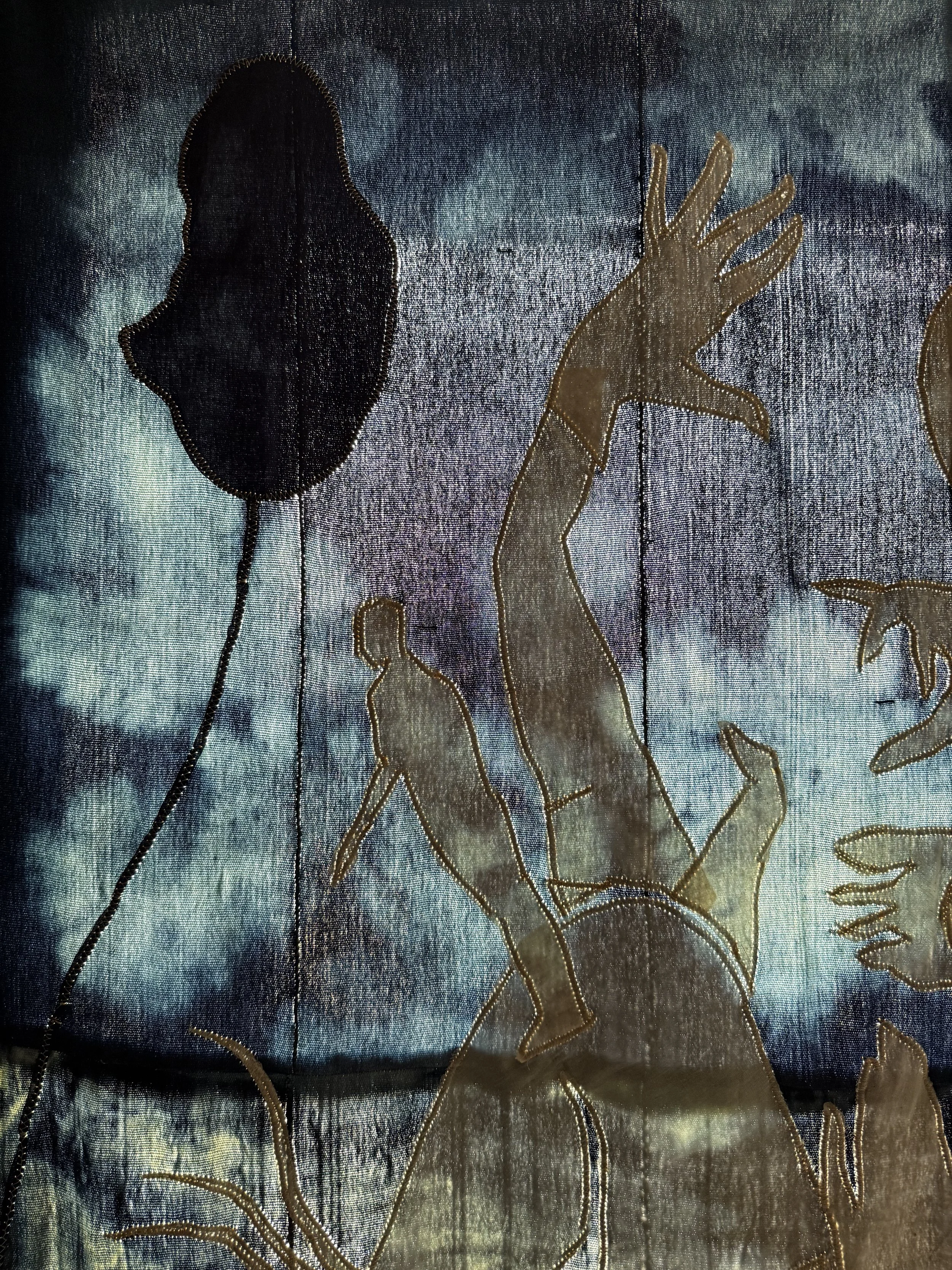 "Blue Mama" (2026) (Detail, Evening Light) 57" x 50" Muslin, cotton, coffee, cochineal dye, fabric relief print on bleached indigo shawls 