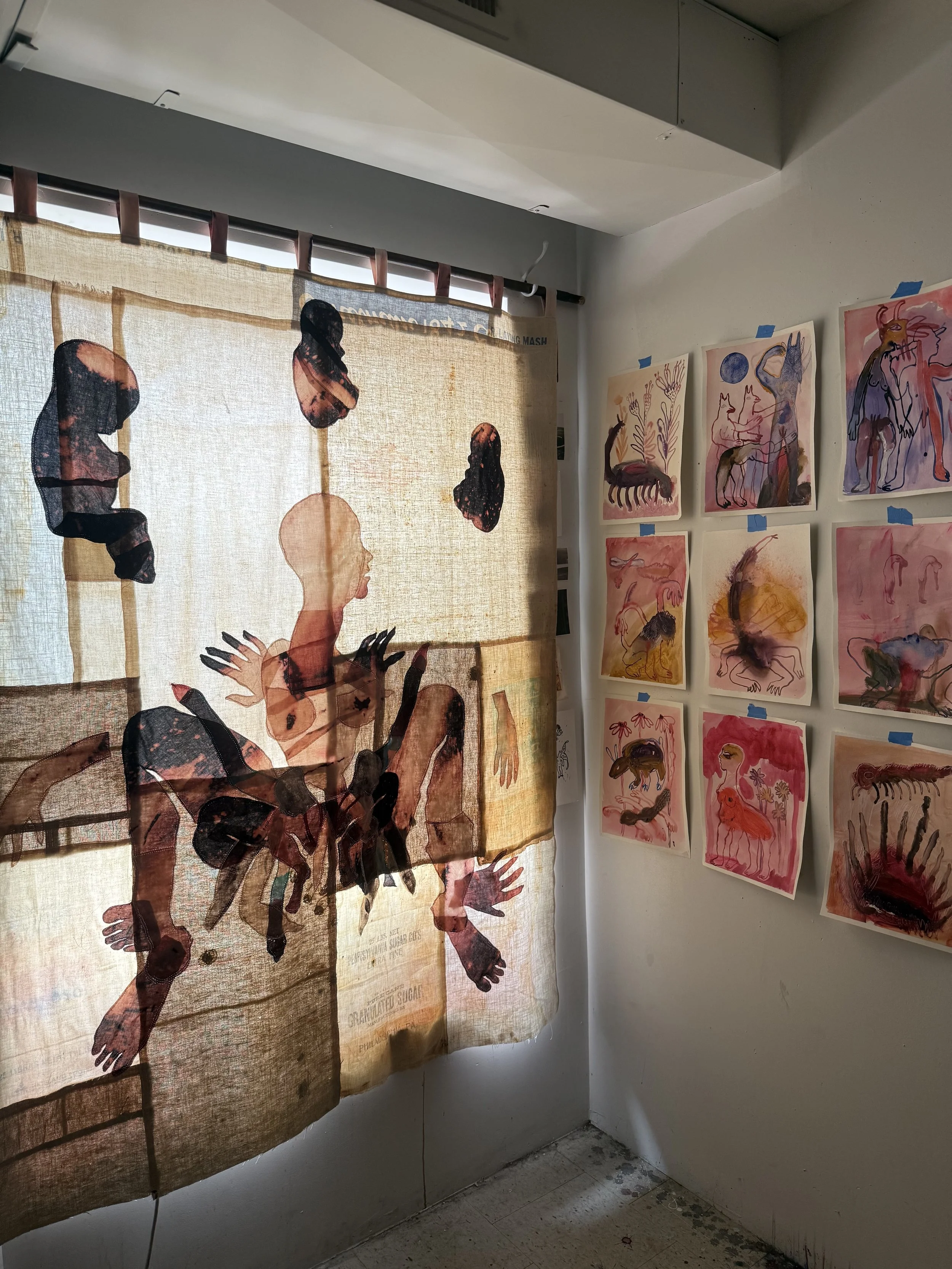 "Cecilia" (2026) (in evening light) 70" x 57" Bleached bedsheets, coffee, fluid watercolor, relief prints, used feed, seed and soap sacks, hand embroidery, $9,000