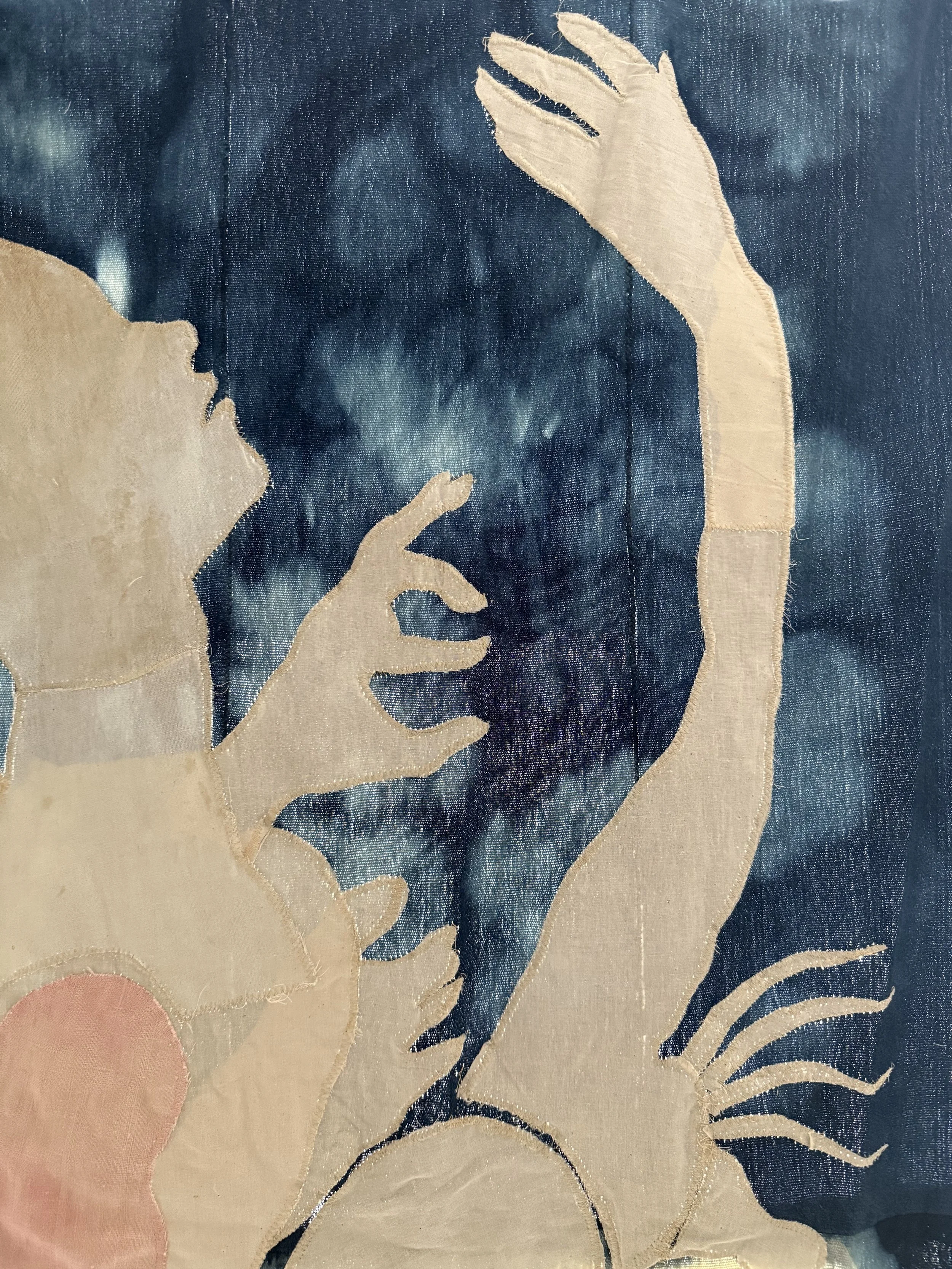 "Blue Mama" (2026) (Detail, Afternoon Light) 57" x 50" Muslin, cotton, coffee, cochineal dye, fabric relief print on bleached indigo shawls 