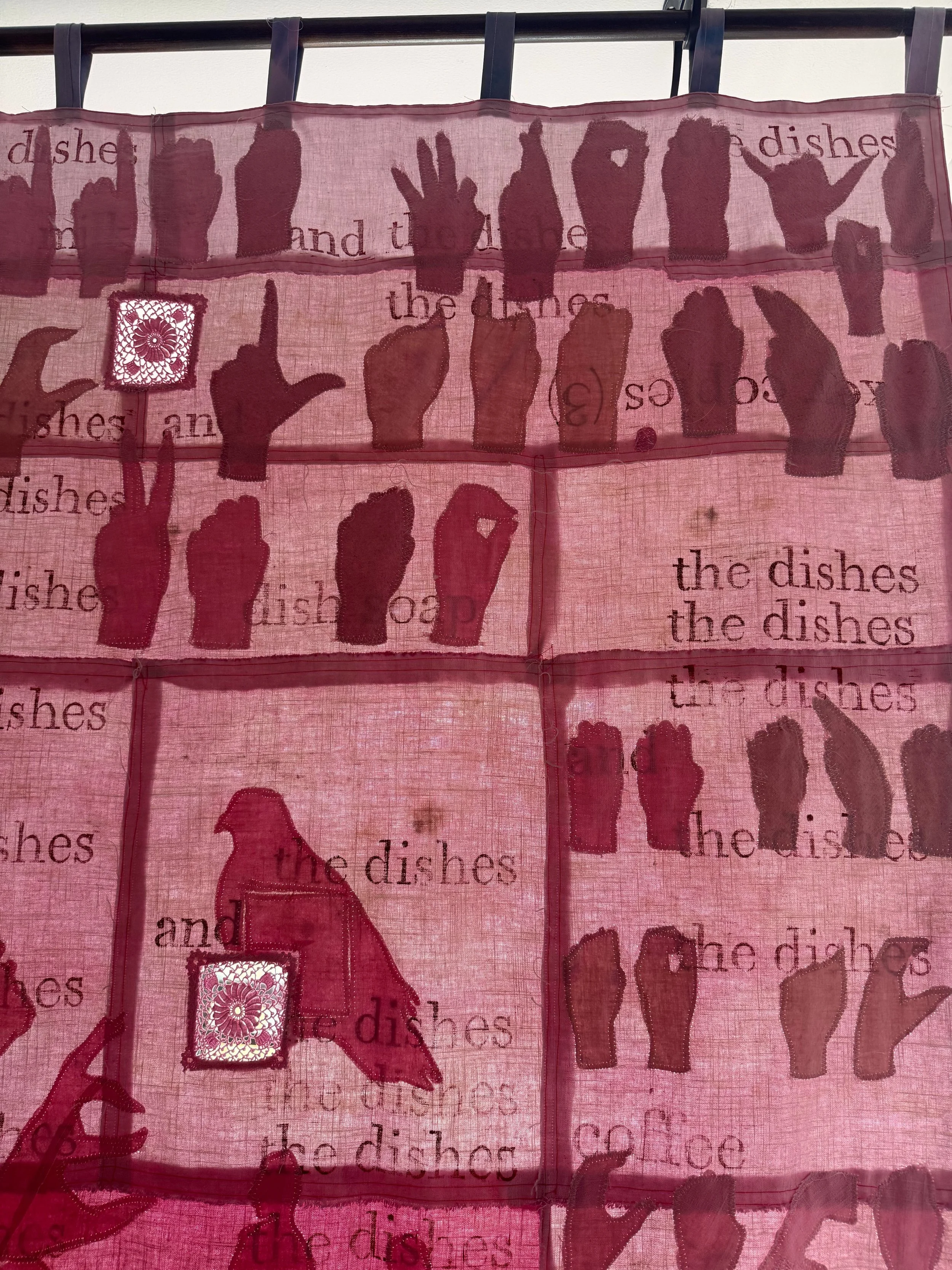 "Pink Cloud" (2026) (Detail, Afternoon Light) 90" x 80" Dyed Linen and cotton appliqués on backing of same with relief prints 