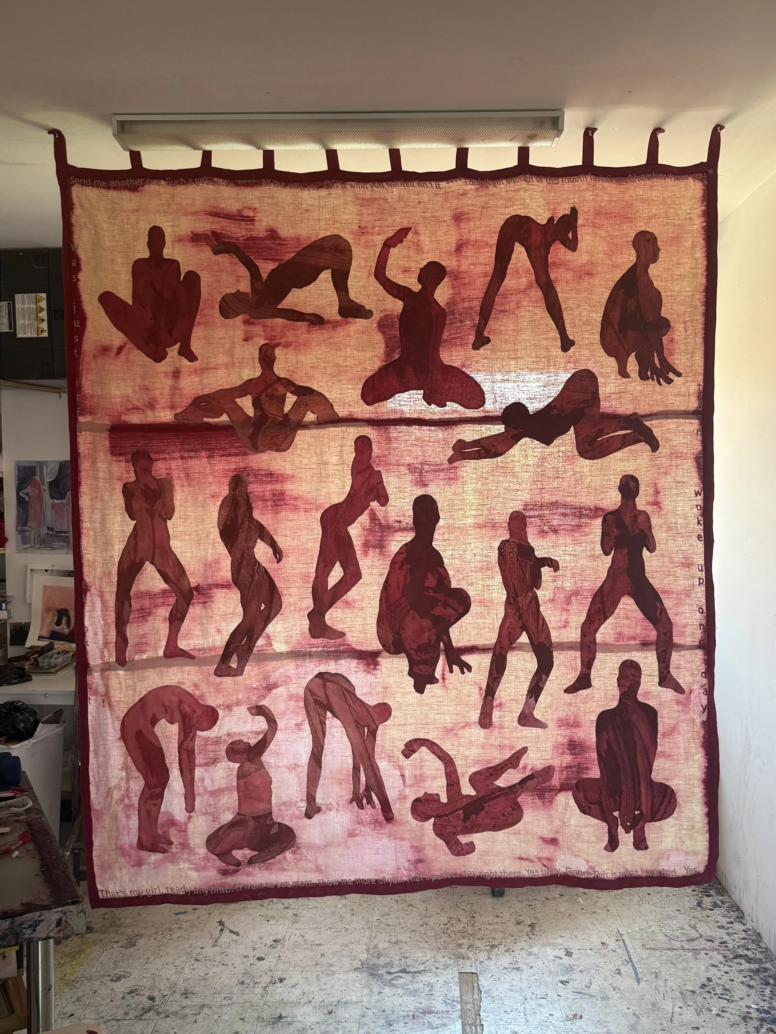 "Paper Dolls" (2026) (Studio Light) monotype on cotton appliqué hand stitched to cochineal dyed and bleached linen with hand embroidery $12,000