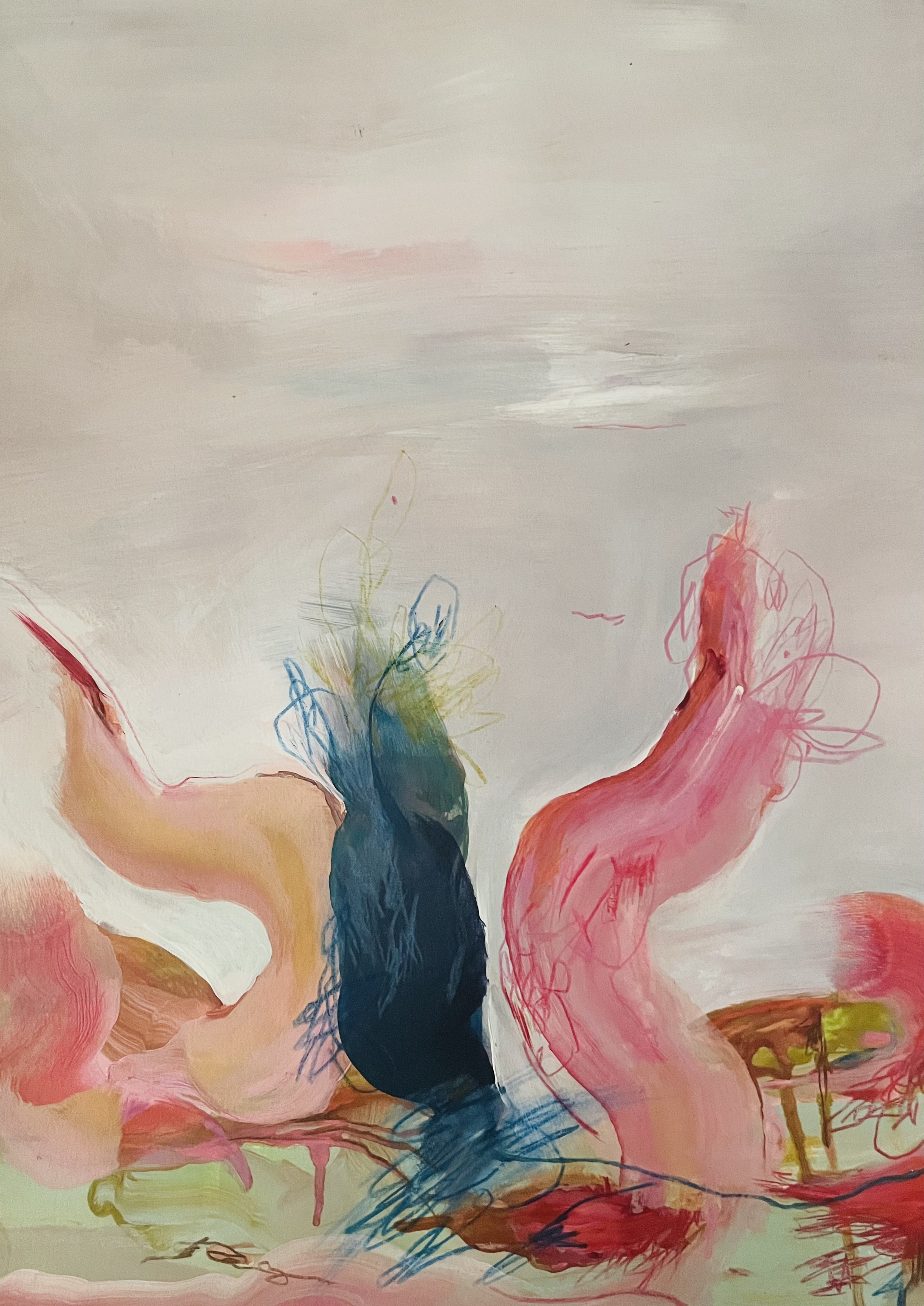 "On the Hill" 18" x 24"  (2022) acrylic, oil pastel, colored pencil on paper SOLD