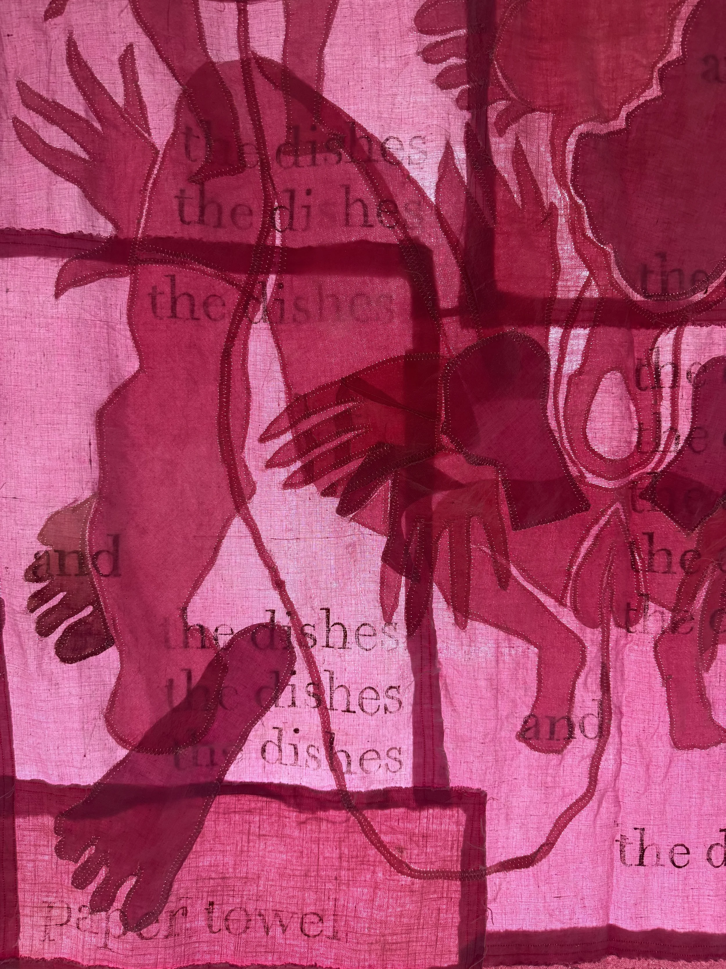 "Pink Cloud" (2026) (Detail, Afternoon Light) 90" x 80" Dyed Linen and cotton appliqués on backing of same with relief prints 