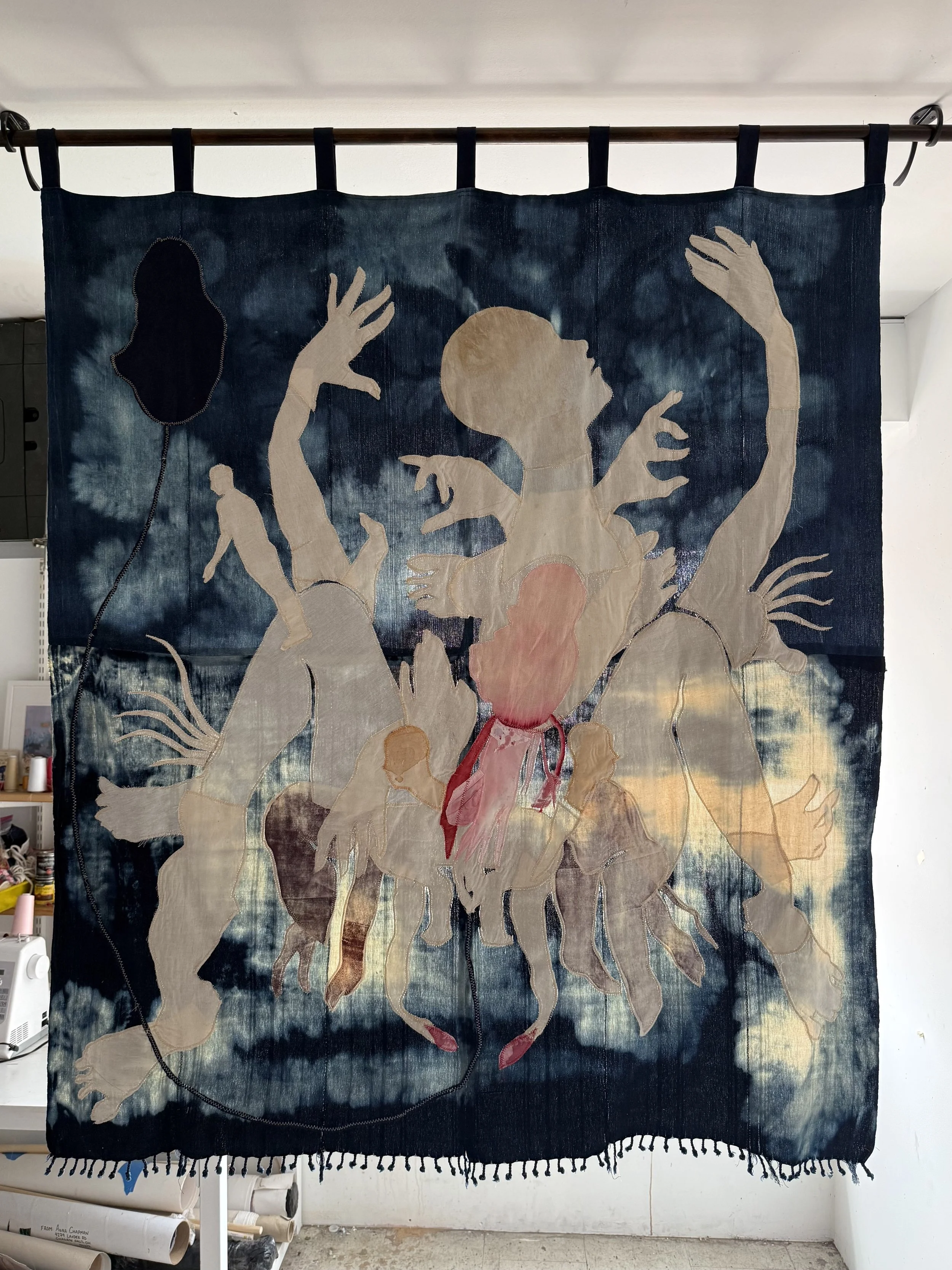 "Blue Mama" (2026)  57" x 50" Muslin, cotton, coffee, cochineal dye, fabric relief print on bleached indigo shawls (Afternoon Light)