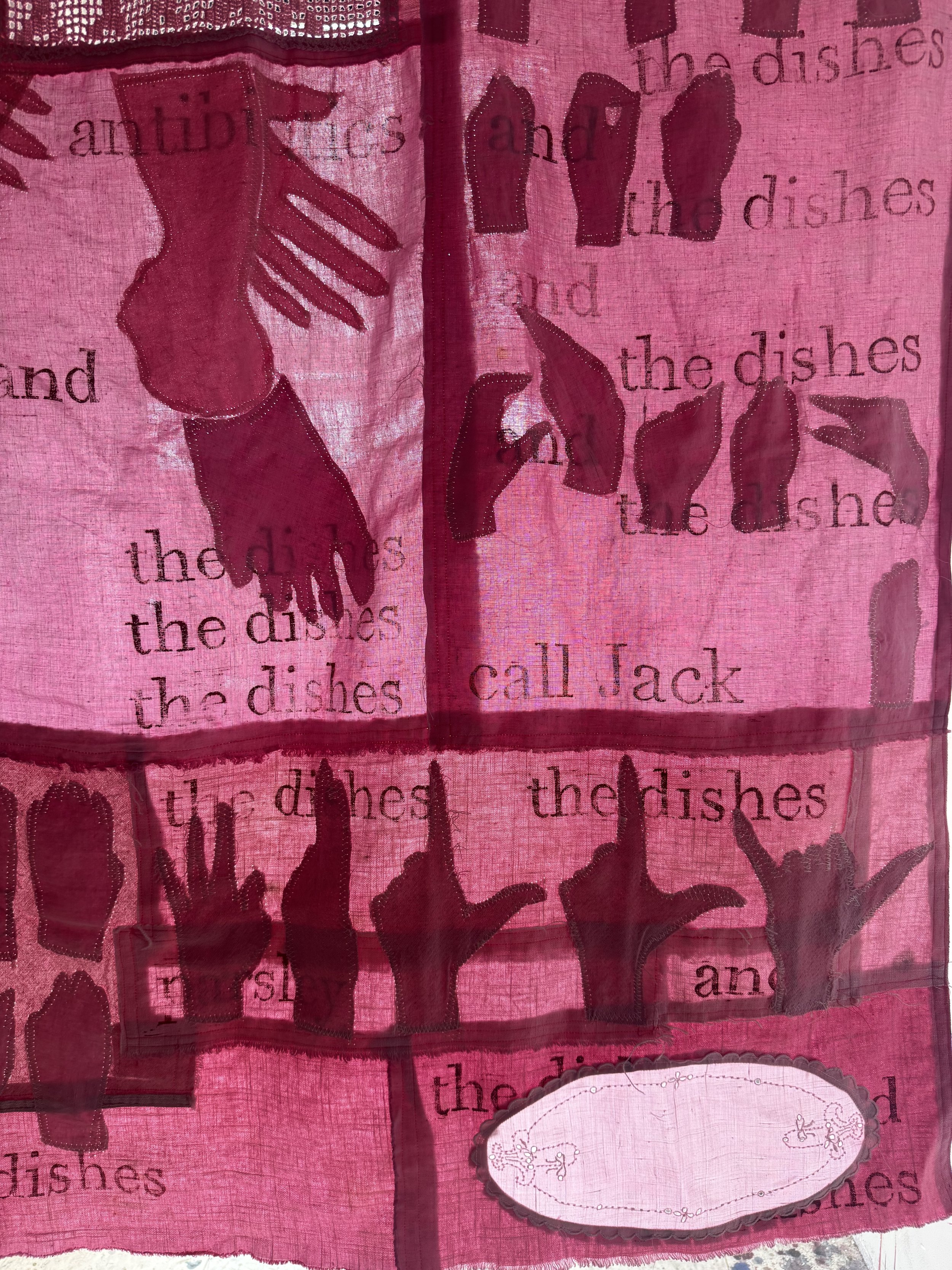 "Pink Cloud" (2026) (Detail, Afternoon Light) 90" x 80" Dyed Linen and cotton appliqués on backing of same with relief prints 