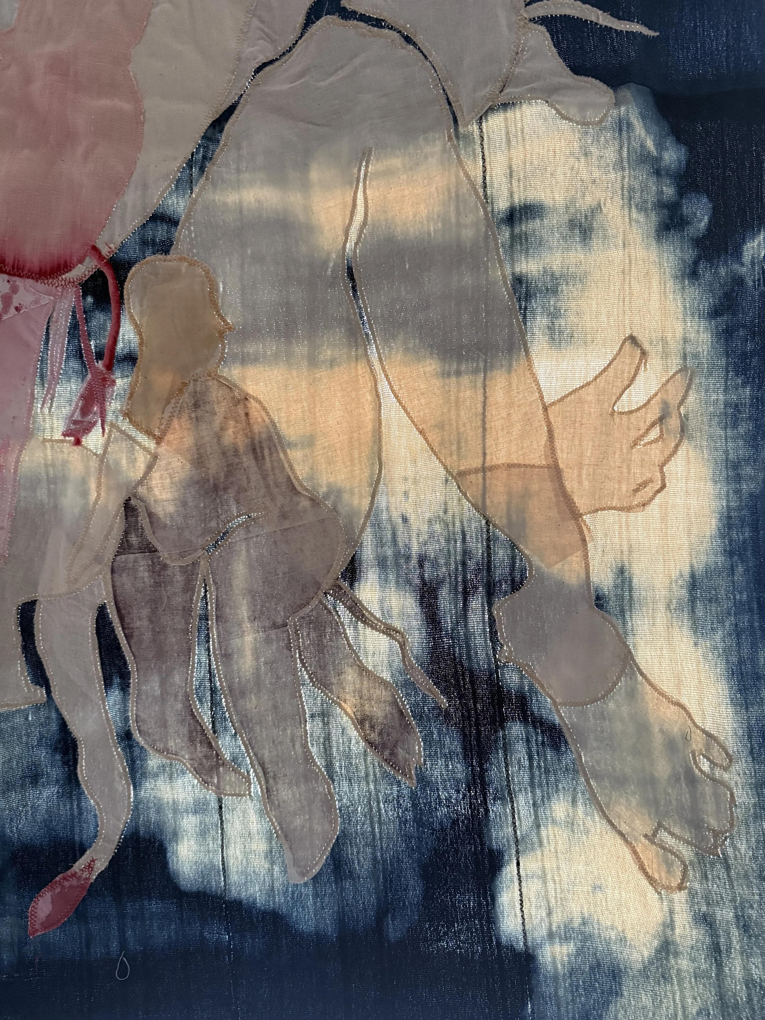 "Blue Mama" (2026) (Detail, Afternoon Light) 57" x 50" Muslin, cotton, coffee, cochineal dye, fabric relief print on bleached indigo shawls 
