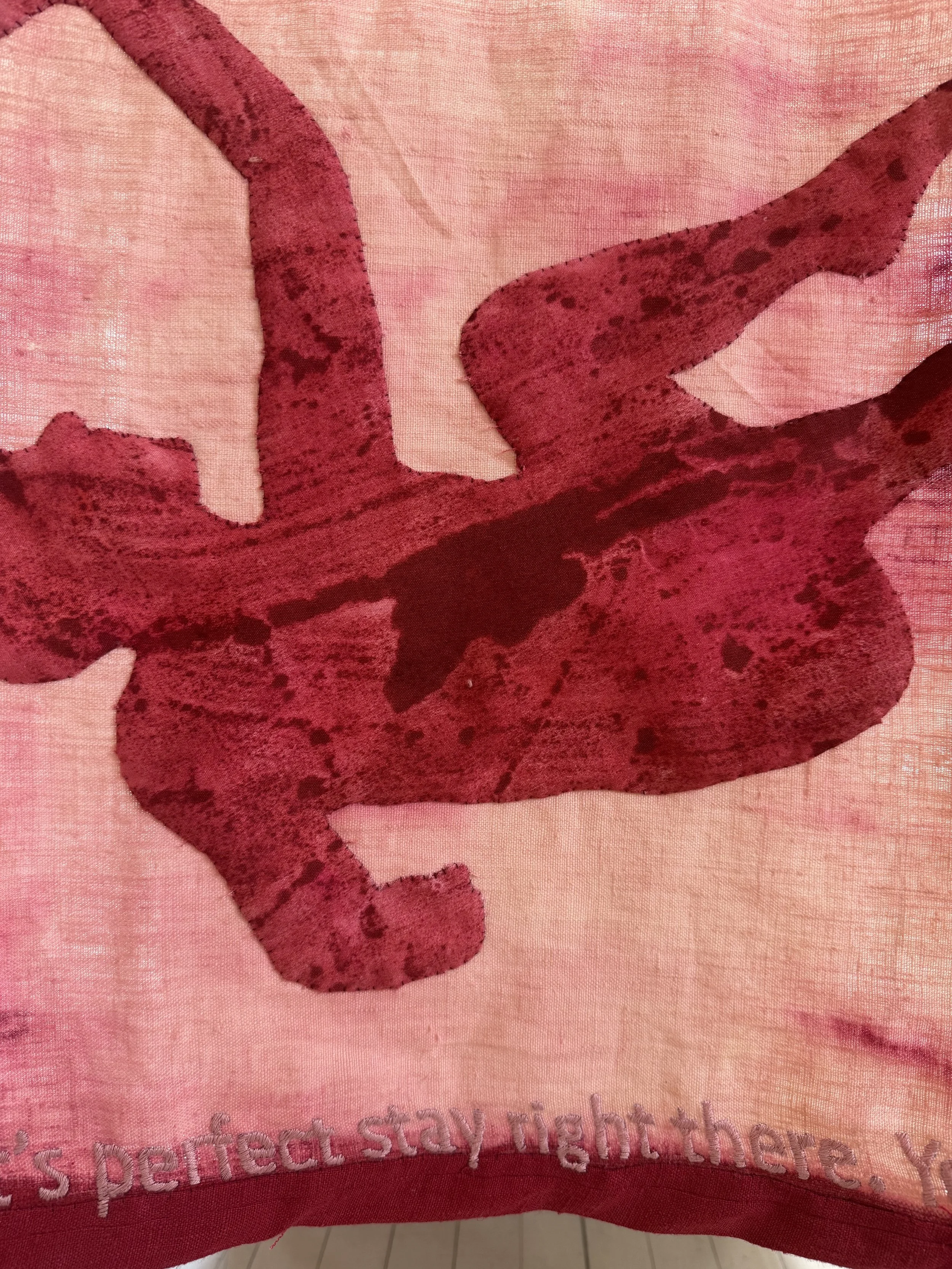 "Paper Dolls" (2026) (Detail in Afternoon Light) monotype on cotton appliqué hand stitched to cochineal dyed and bleached linen with hand embroidery 