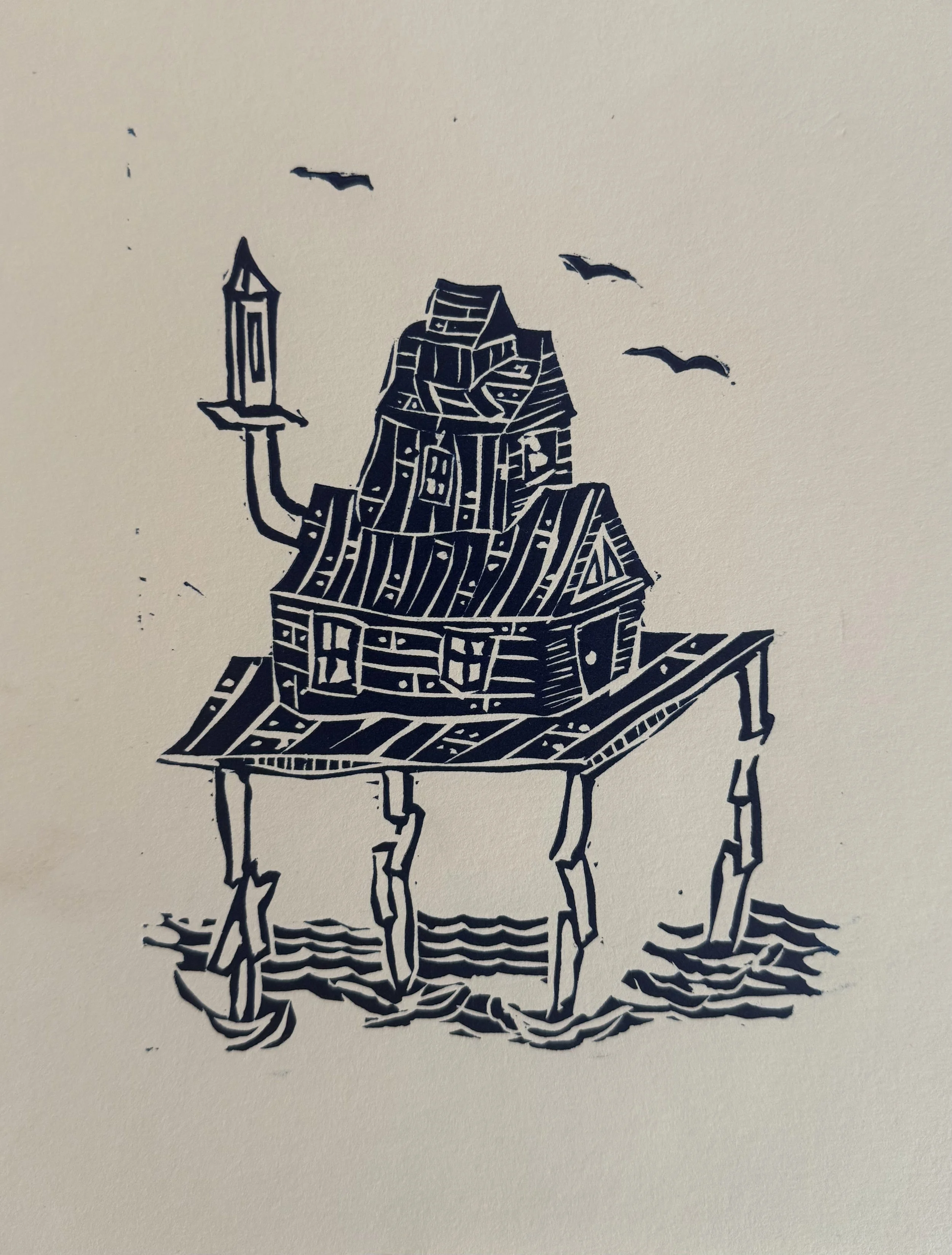 "So he built a house out of the wreckage, in the middle of the sea" (2013) 10" x 8" relief on paper $150