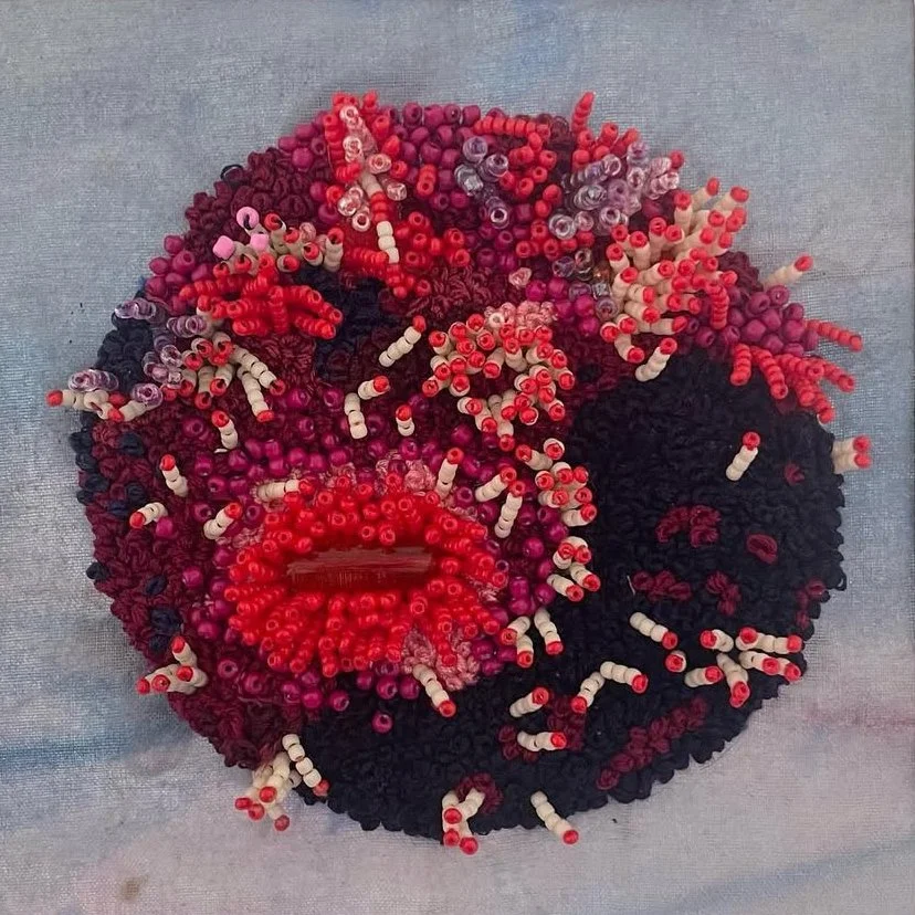 "Wood Rot" (2024) 4.5" x 4.5" hand embroidery and beading on hand painted cotton. $800