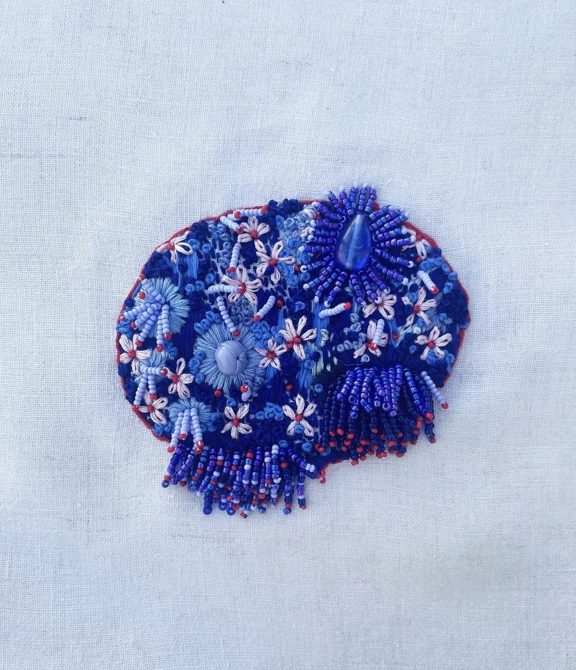 "Little Blue" (2024) 5.5" x 5.5" hand embroidery and beading on linen SOLD