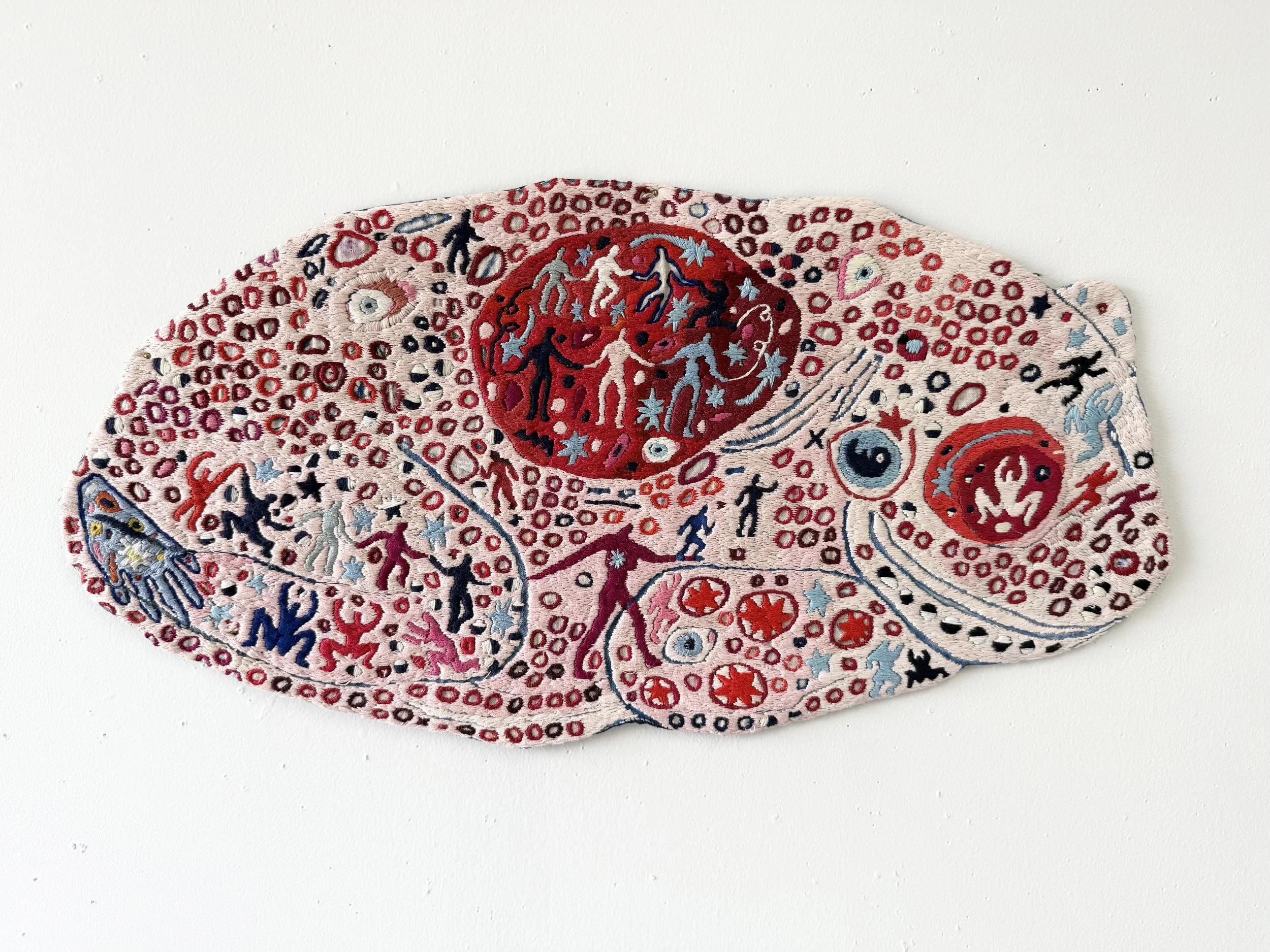 "Party Toad" (2025) 23" x 11.5" hand embroidery on linen $5,500
