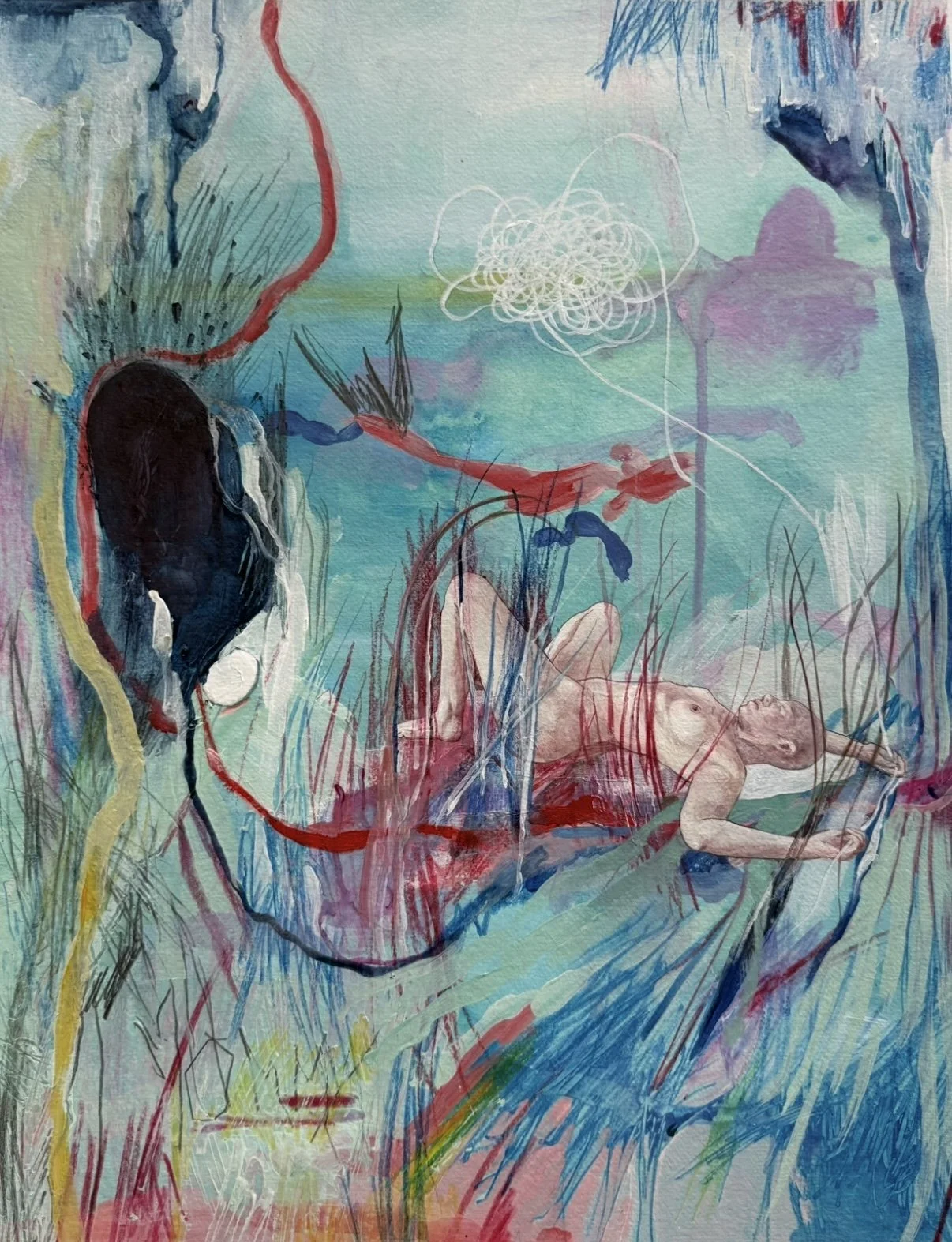 "In the Reeds" (2022) 18" x 24" acrylic and colored pencil on paper $1750