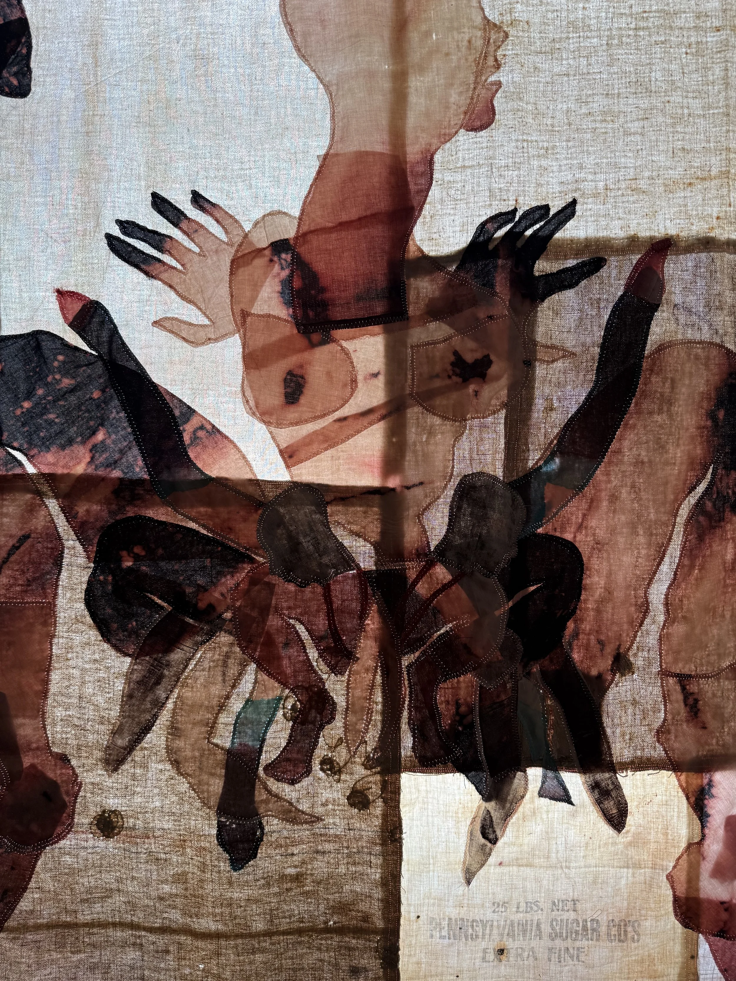"Cecilia" (2026) (detail, in evening light) 70" x 57" Bleached bedsheets, coffee, fluid watercolor, relief prints, used feed, seed and soap sacks, hand embroidery