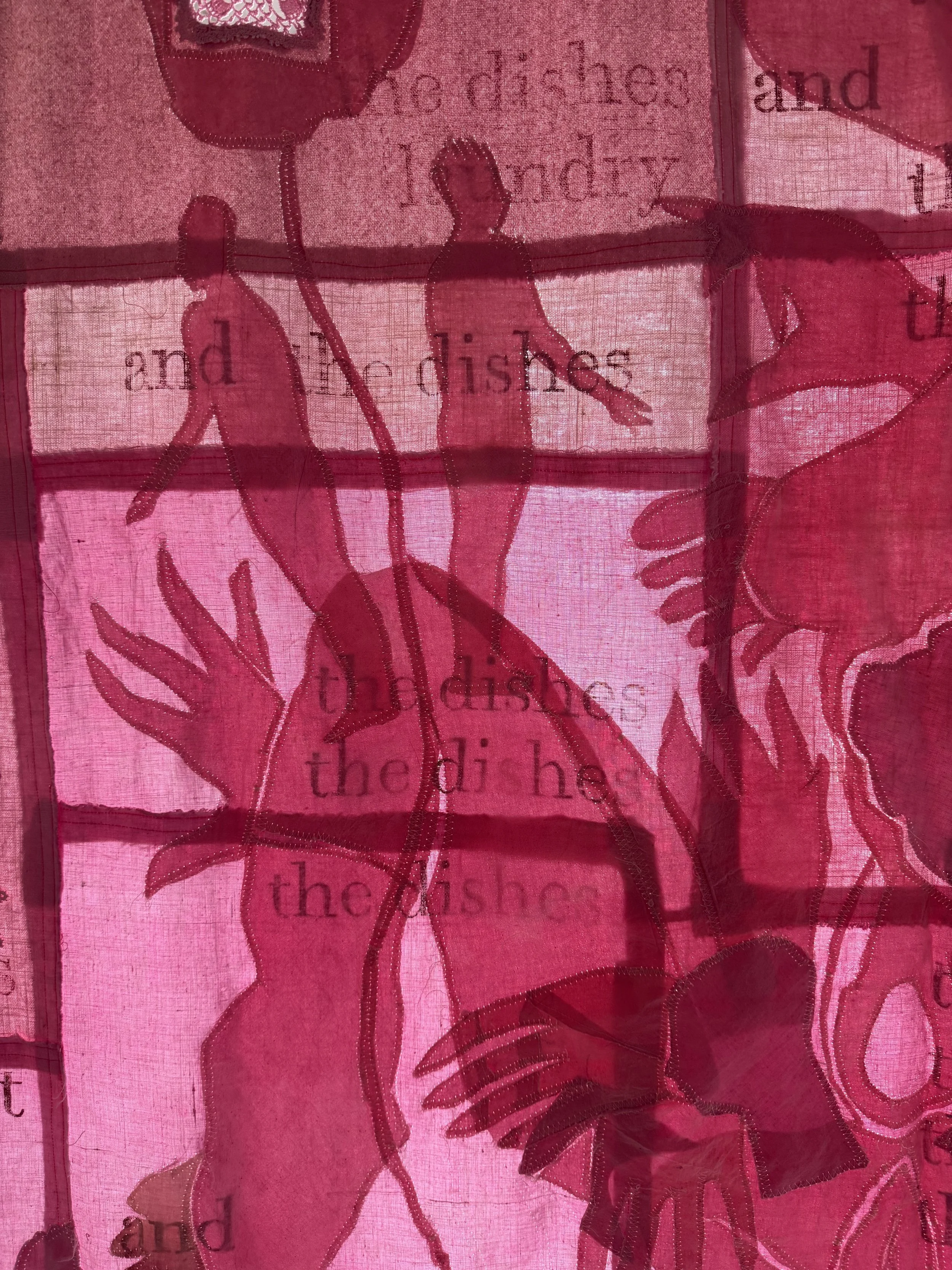 "Pink Cloud" (2026) (Detail, Afternoon Light) 90" x 80" Dyed Linen and cotton appliqués on backing of same with relief prints 