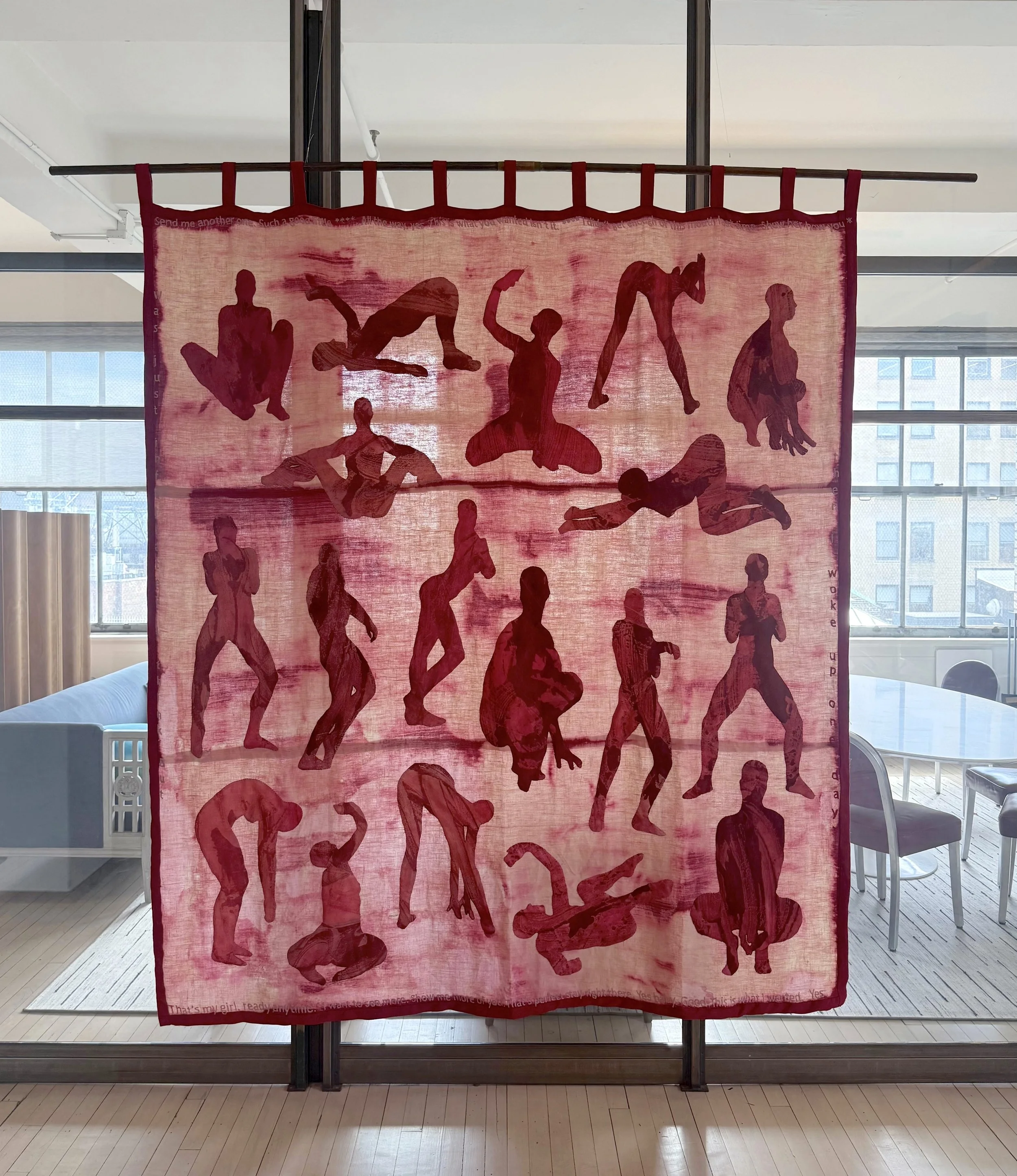 "Paper Dolls" (2026) (Afternoon Light) monotype on cotton appliqué hand stitched to cochineal dyed and bleached linen with hand embroidery $12,000