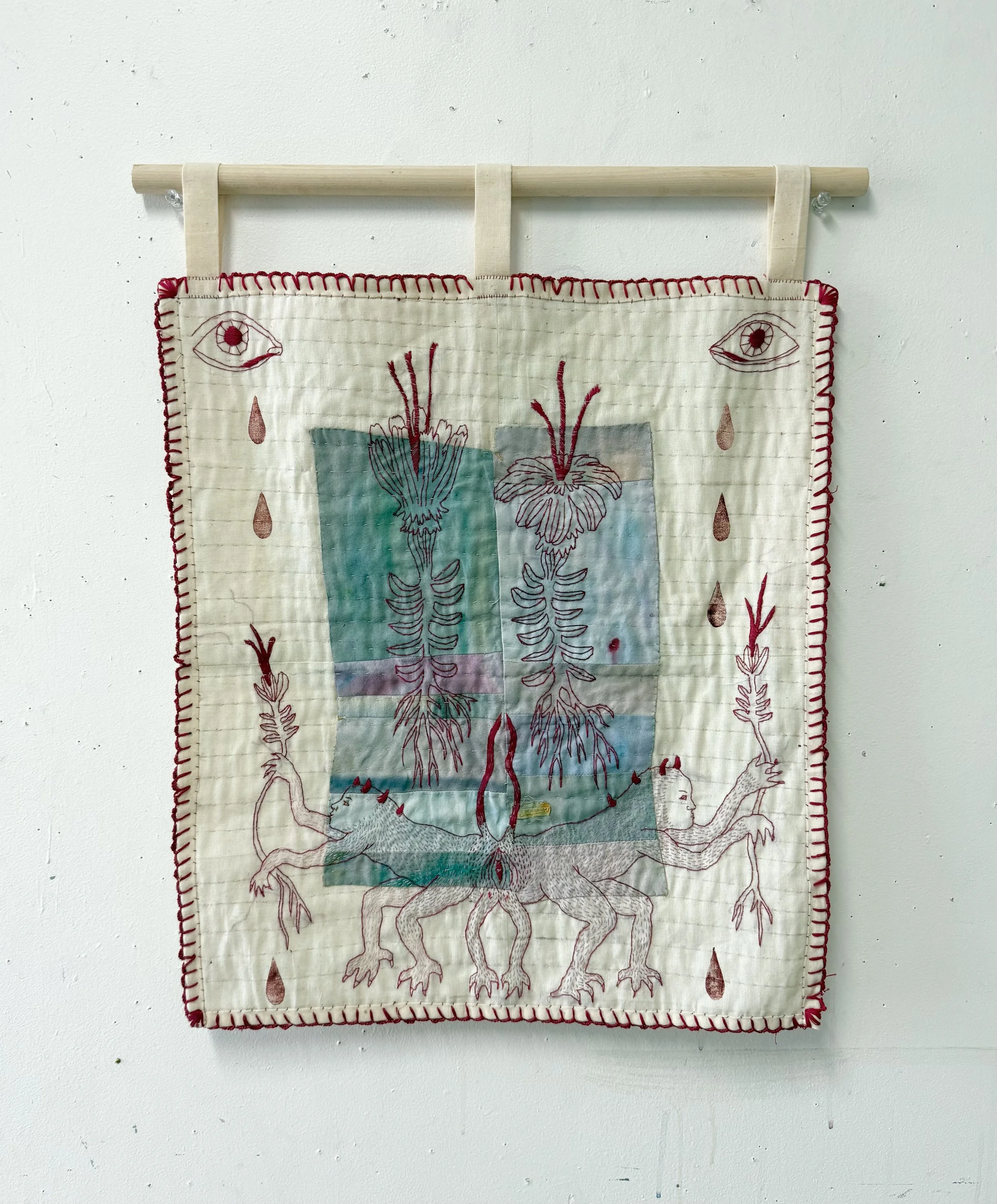 "Beasts and Roots" (2025) 18" x 16"
watercolored cotton on linen with linocut prints,
embroidered and quilted by hand SOLD